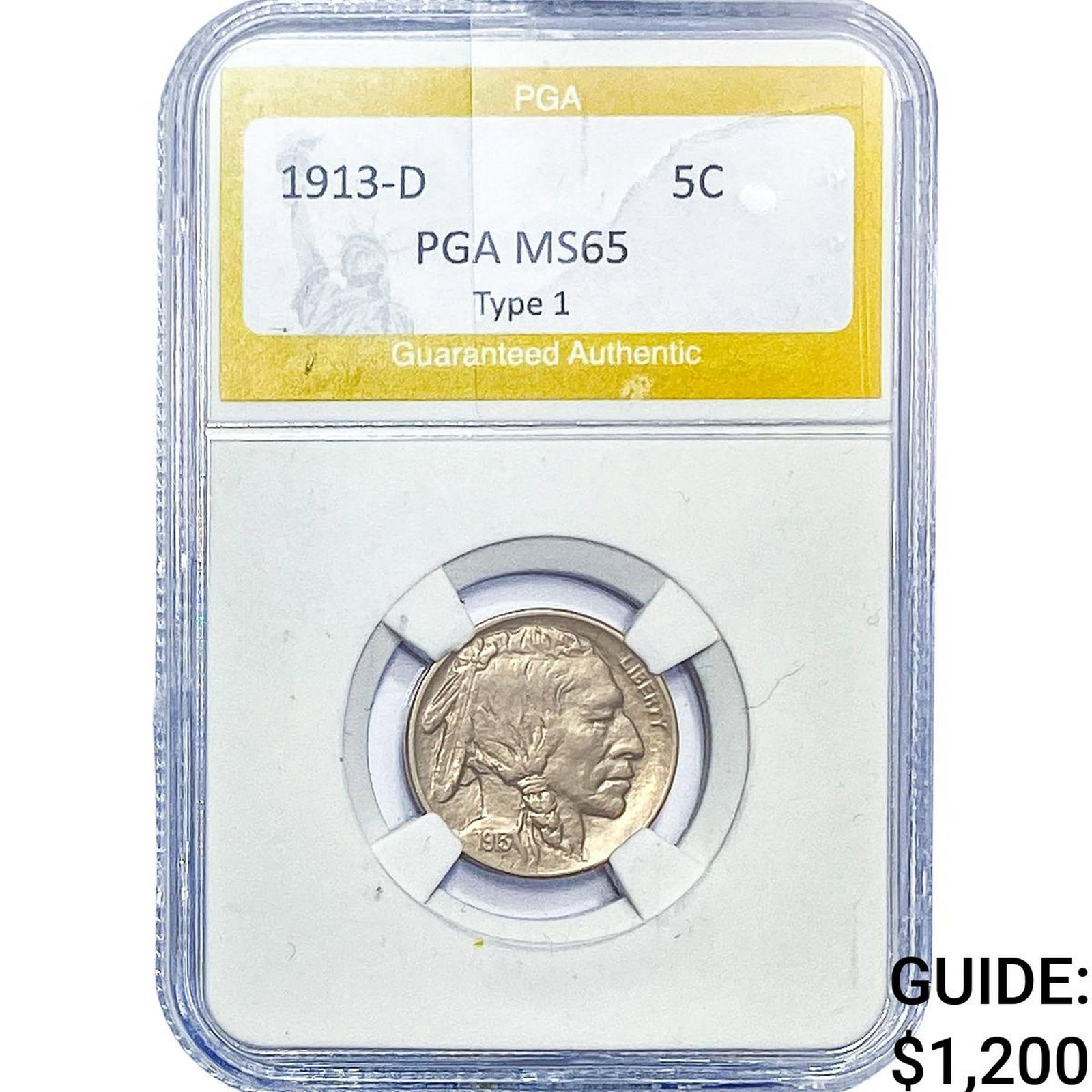 1913-D Buffalo Nickel PGA MS65 Type 1: 1913-D Buffalo Nickel PGA MS65 Type 1