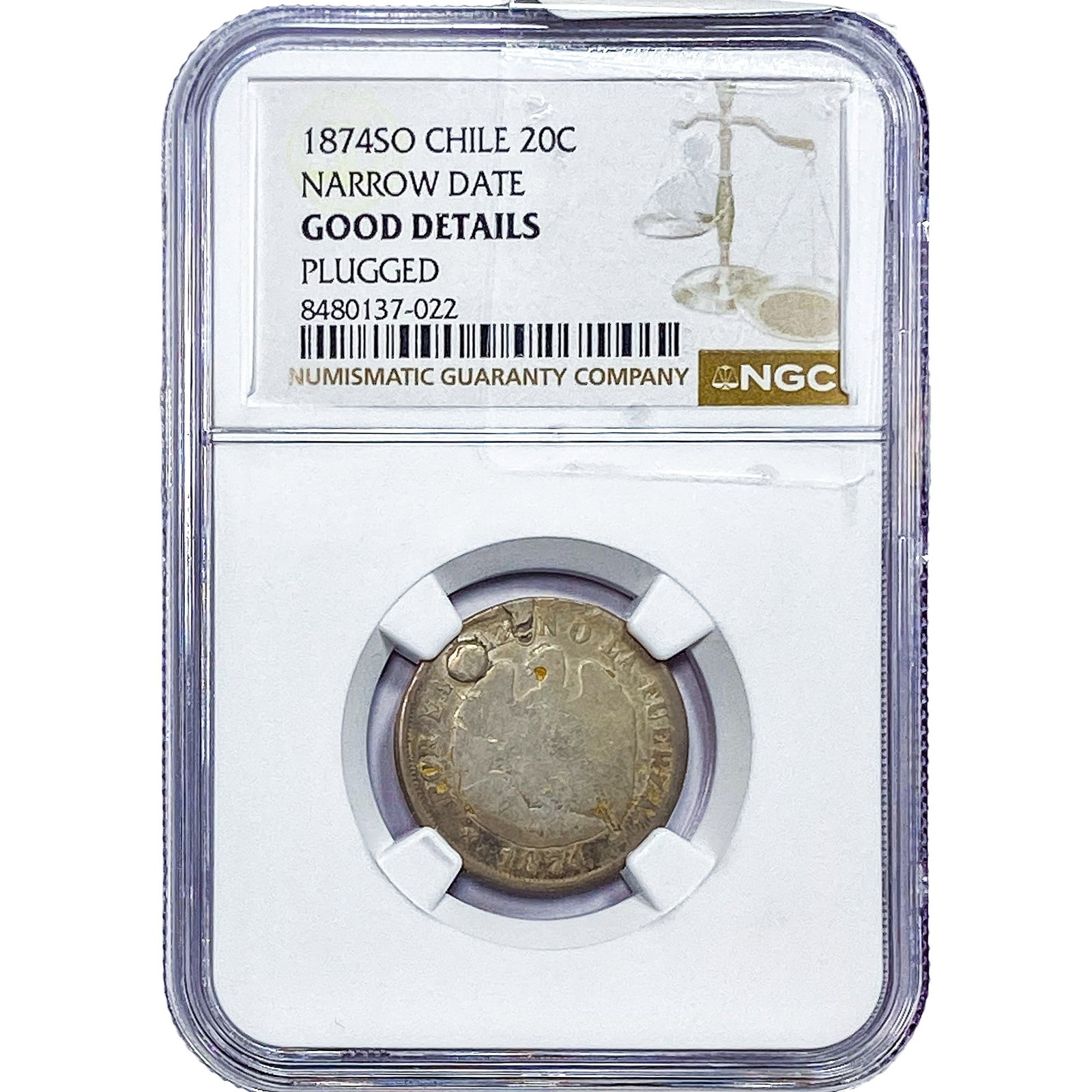 1874 Chile Silver 20 Cent NGC G Details: 1874 Chile Silver 20 Cent NGC G Details