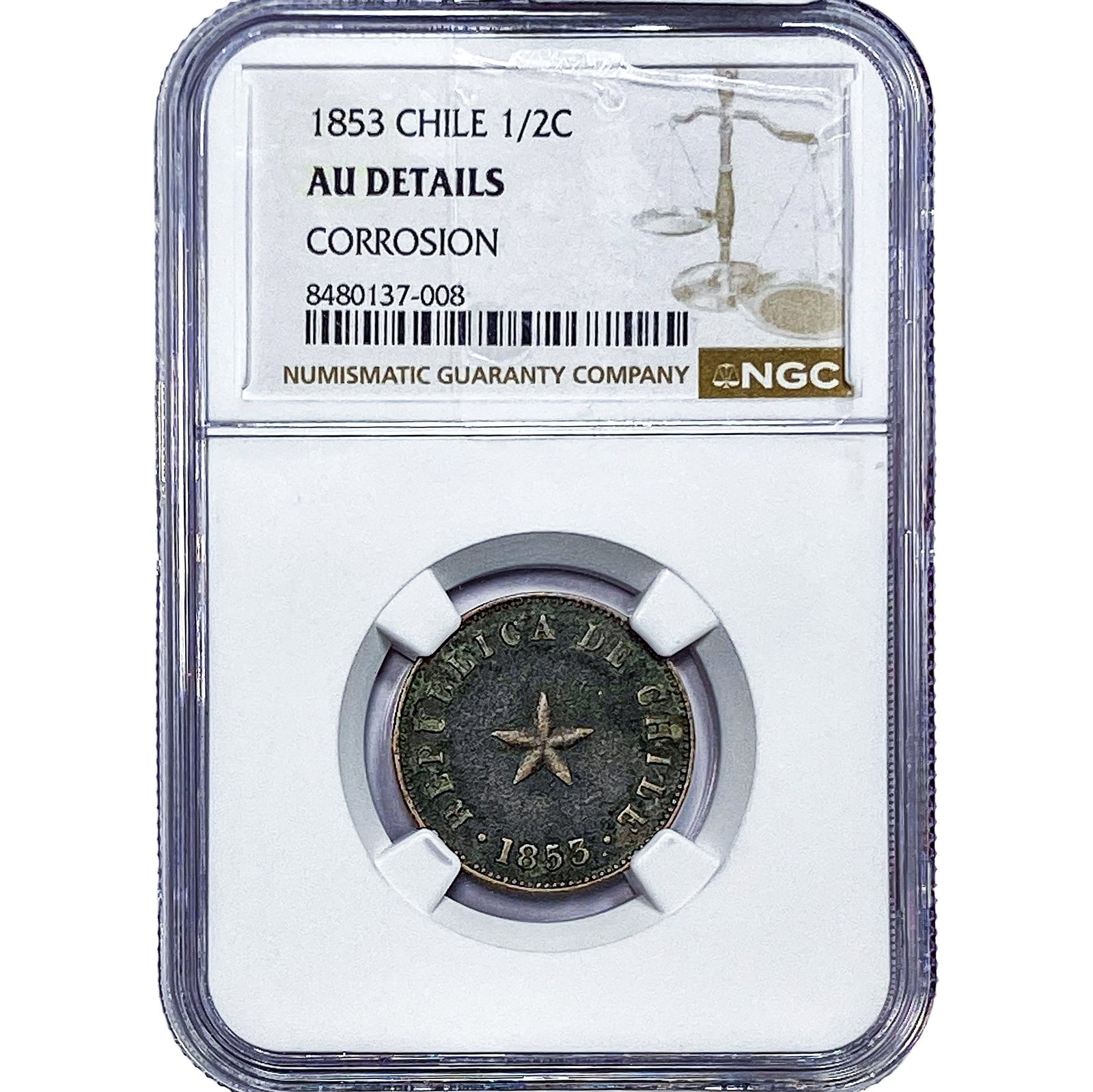 1853 Chile Copper 1/2 Centavos NGC AU Details (1 of 2)