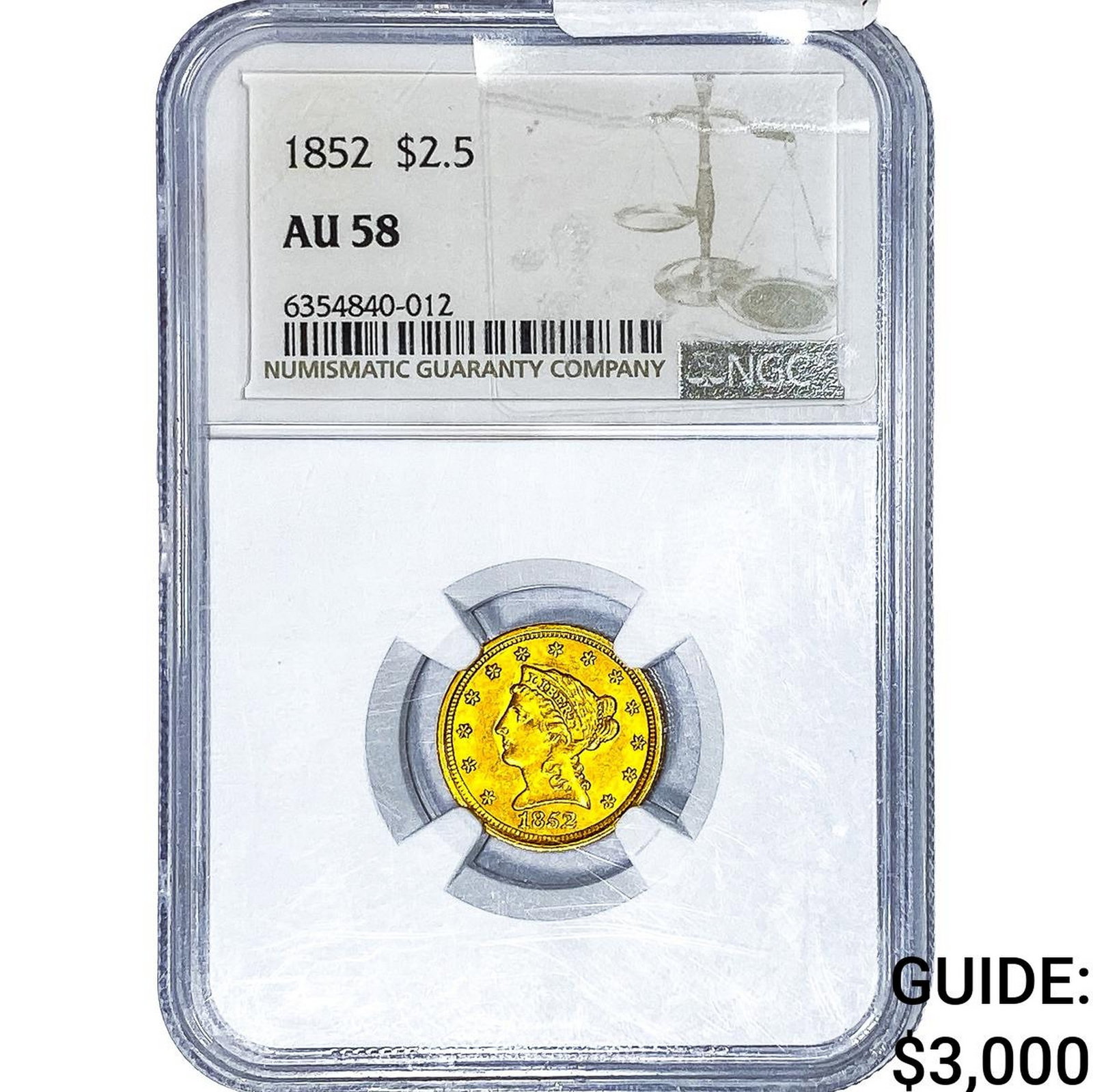 1852 $2.50 Gold Quarter Eagle NGC AU58: 1852 $2.50 Gold Quarter Eagle NGC AU58