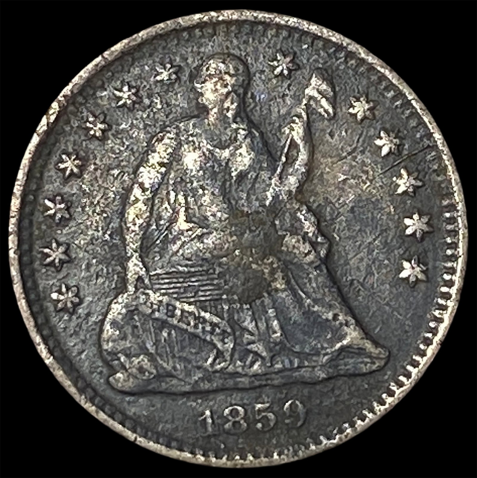 1859-O Silver Seated Liberty Half Dime CLOSELY UNCIRCULATED: 1859-O Silver Seated Liberty Half Dime CLOSELY UNCIRCULATED