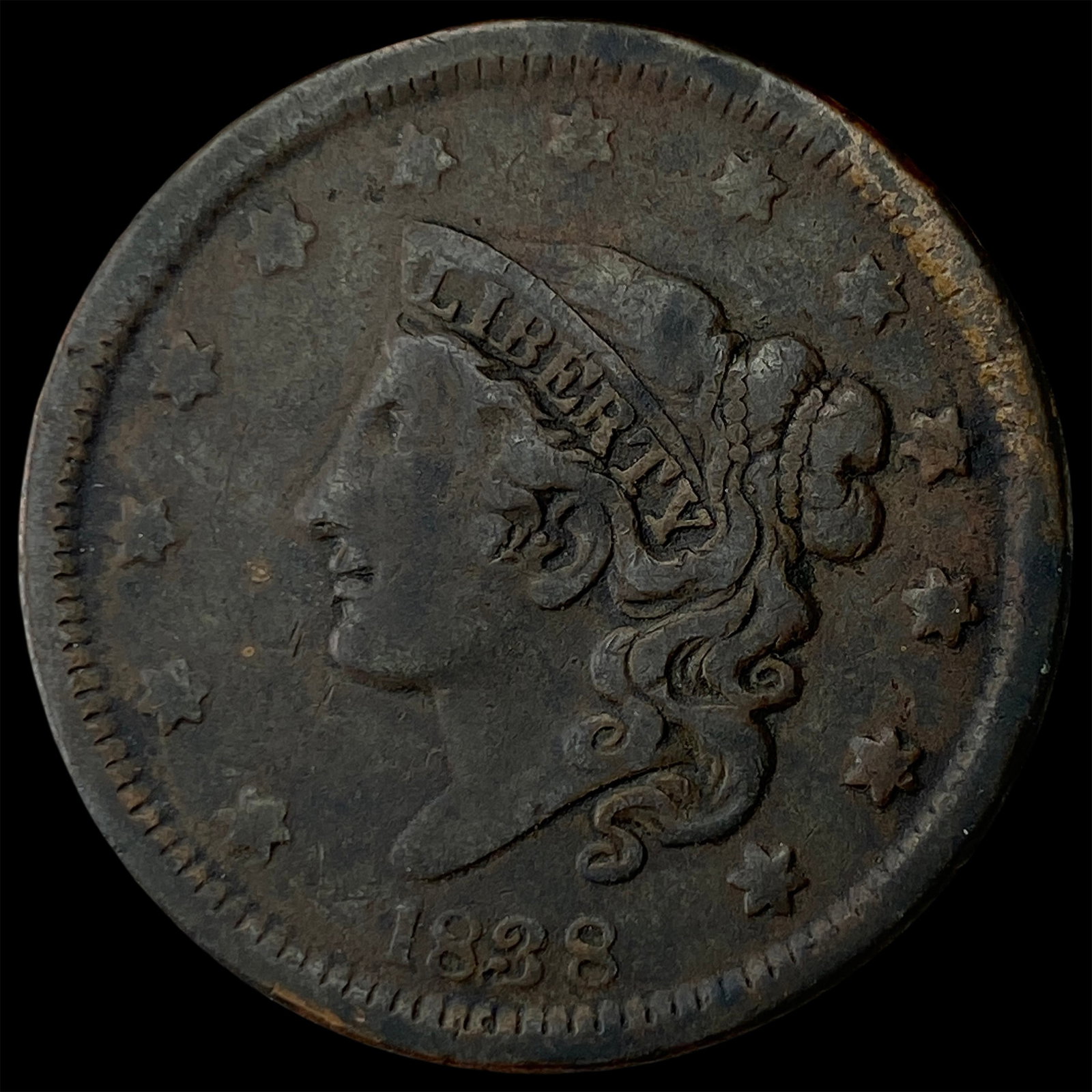 1838 Coronet Head Large Cent LIGHTLY CIRCULATED: 1838 Coronet Head Large Cent LIGHTLY CIRCULATED