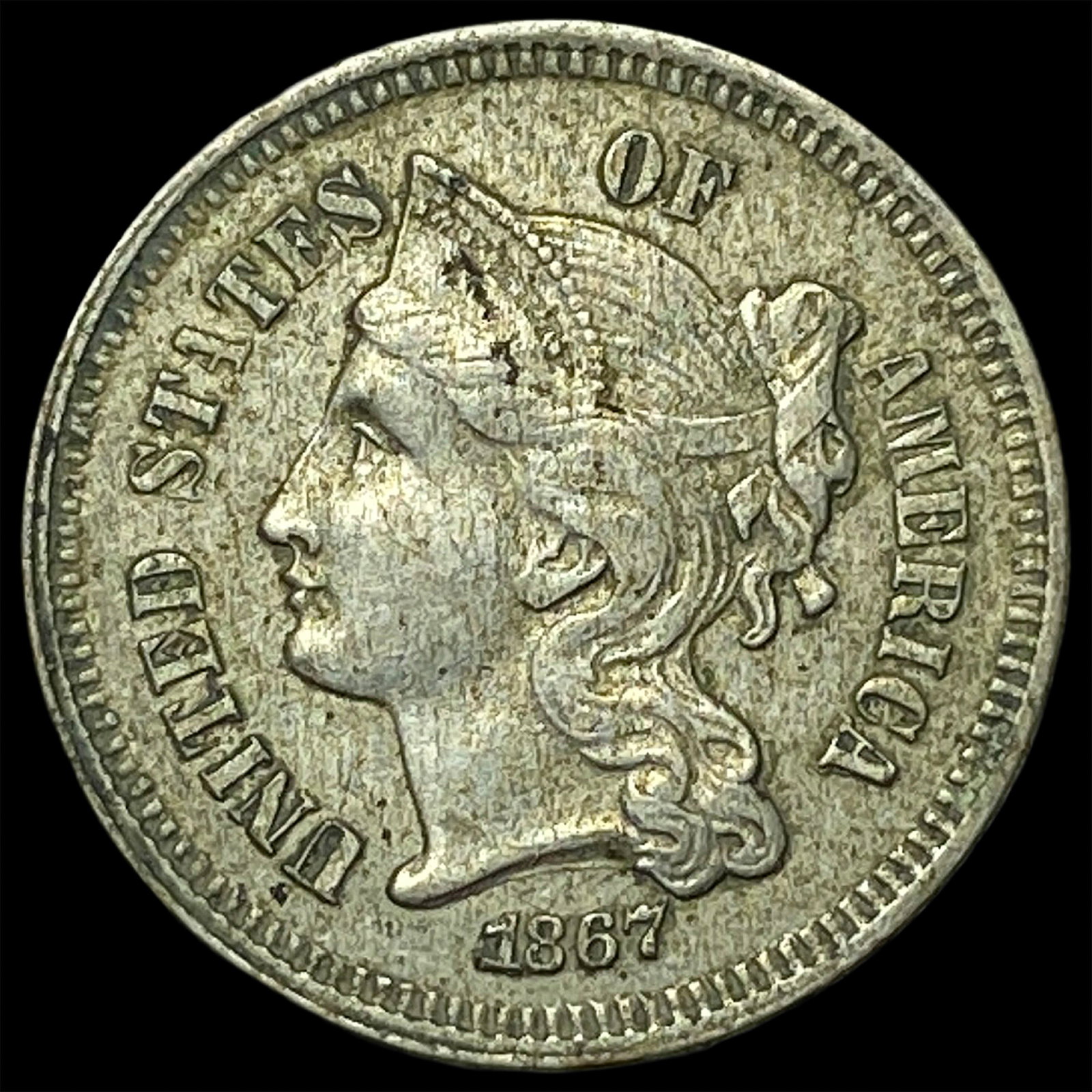 1867 Nickel Three-Cent Piece CHOICE AU: 1867 Nickel Three-Cent Piece CHOICE AU
