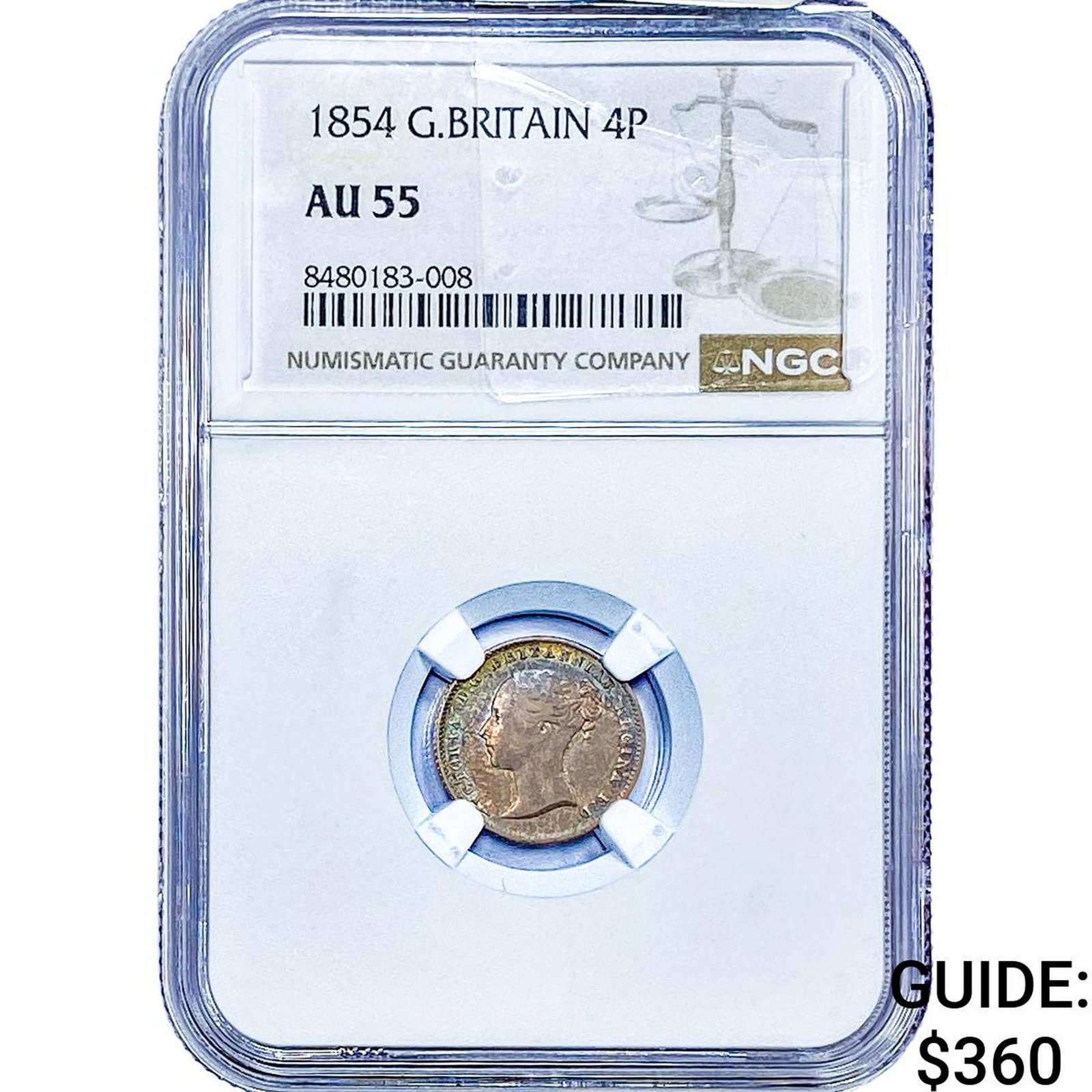 1854 Great Britian Silver 4 Pence Toned! NGC AU55: 1854 Great Britian Silver 4 Pence Toned! NGC AU55