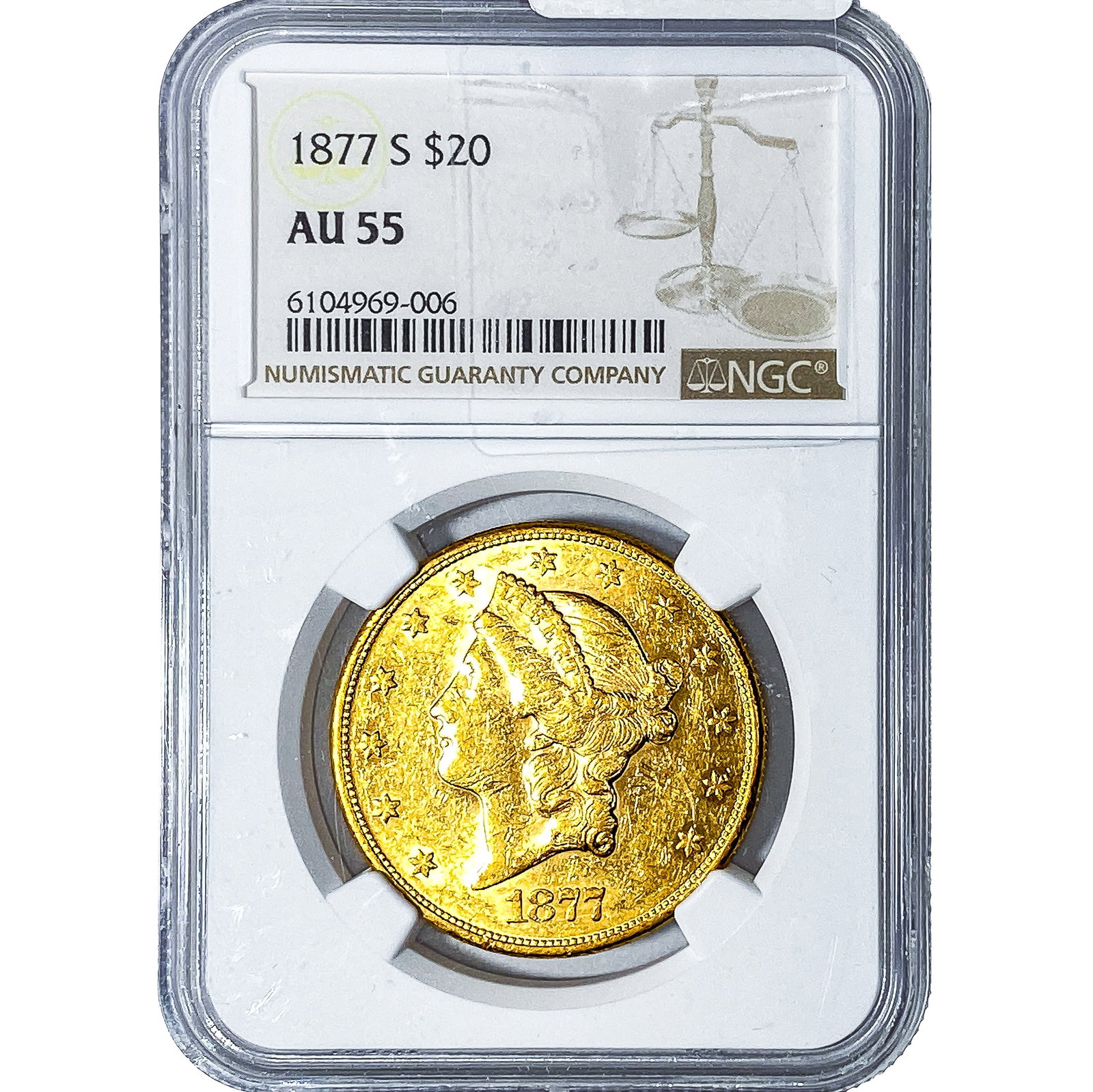 1877-S $20 Gold Double Eagle NGC AU55: 1877-S $20 Gold Double Eagle NGC AU55