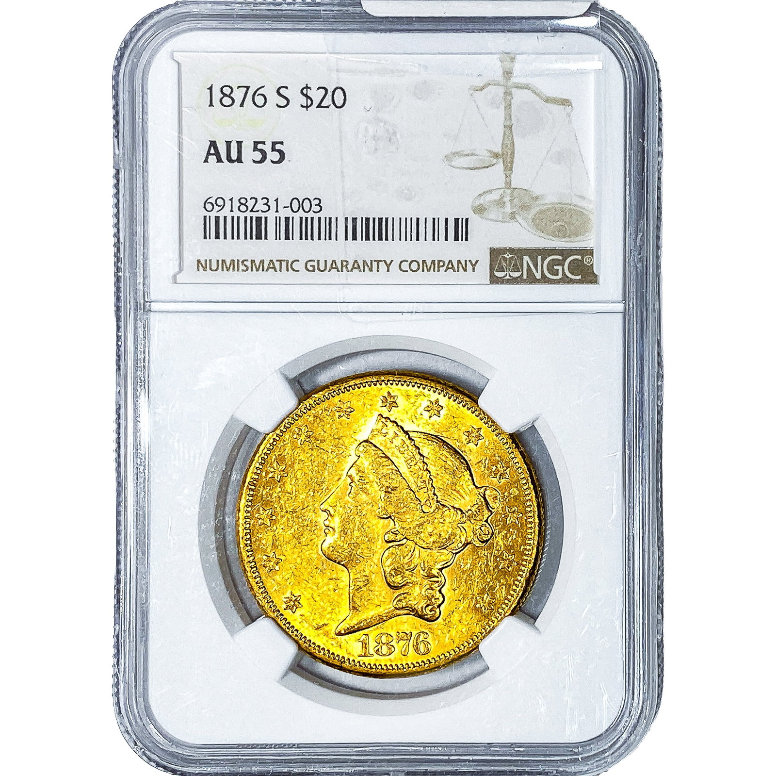 1876-S $20 Gold Double Eagle NGC AU55: 1876-S $20 Gold Double Eagle NGC AU55