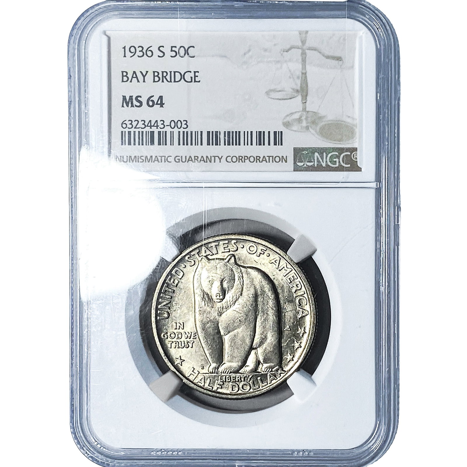 1936-S Bay Bridge Half Dollar NGC MS64: 1936-S Bay Bridge Half Dollar NGC MS64
