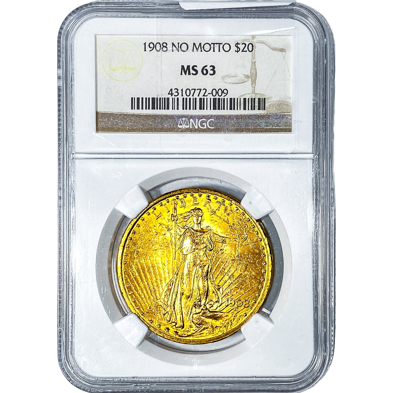 1908 $20 Gold Double Eagle NGC MS63 No Motto: 1908 $20 Gold Double Eagle NGC MS63 No Motto