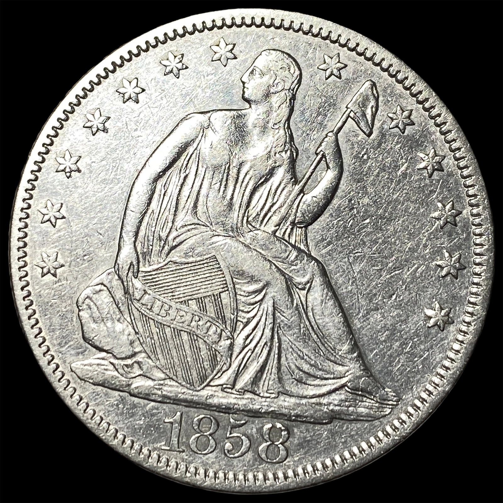 1858 Silver Seated Liberty Half Dollar ABOUT UNCIRCULATED: 1858 Silver Seated Liberty Half Dollar ABOUT UNCIRCULATED