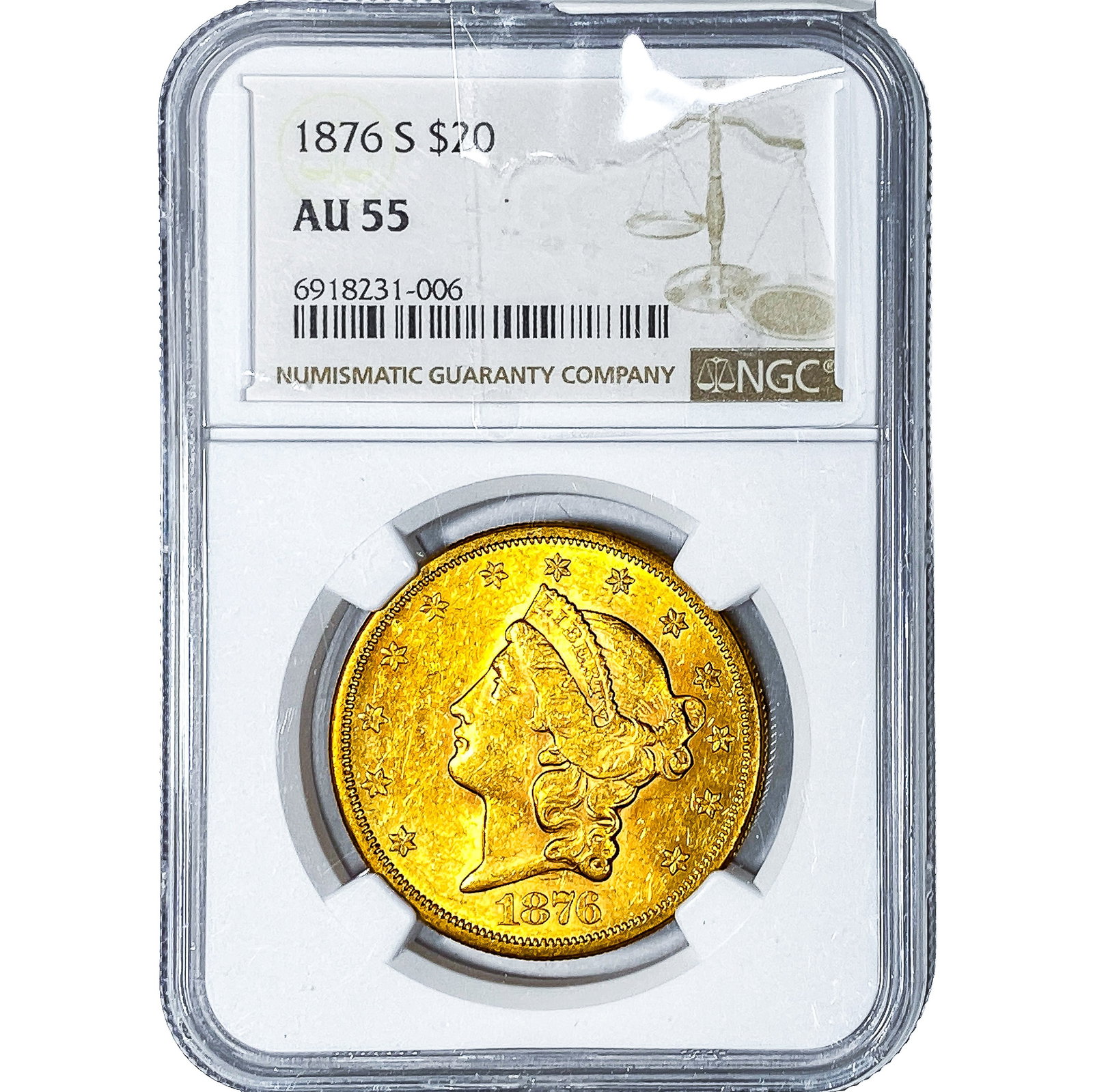 1876-S $20 Gold Double Eagle NGC AU55: 1876-S $20 Gold Double Eagle NGC AU55