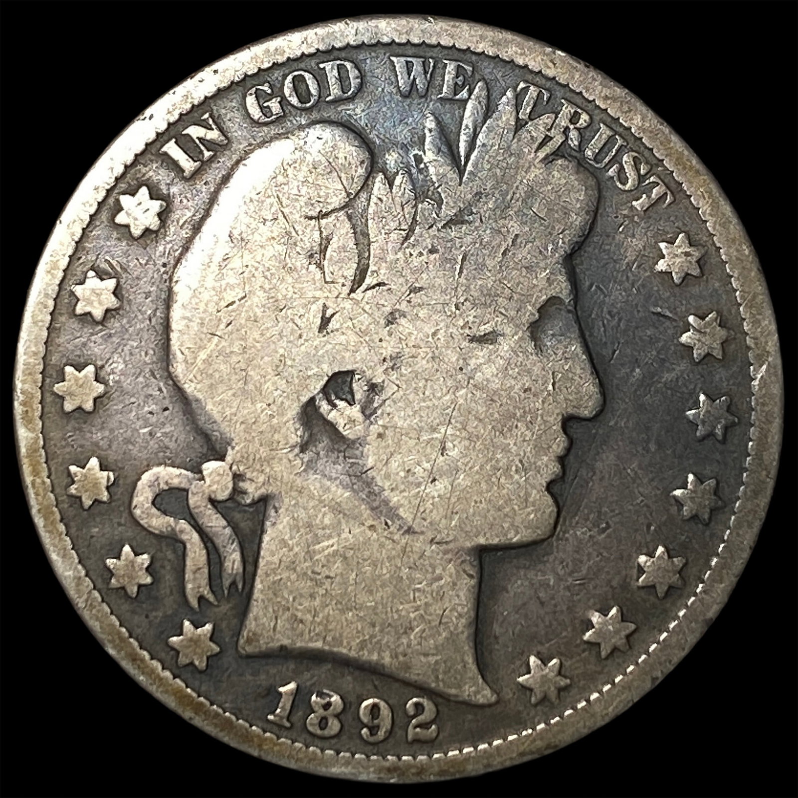 1892 Silver Barber Half Dollar NICELY CIRCULATED: 1892 Silver Barber Half Dollar NICELY CIRCULATED