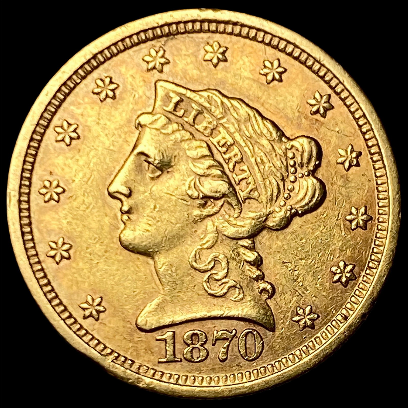 1870-S Liberty Head Gold $2.5 Quarter Eagle CLOSELY UNCIRCULATED: 1870-S Liberty Head Gold $2.5 Quarter Eagle CLOSELY UNCIRCULATED