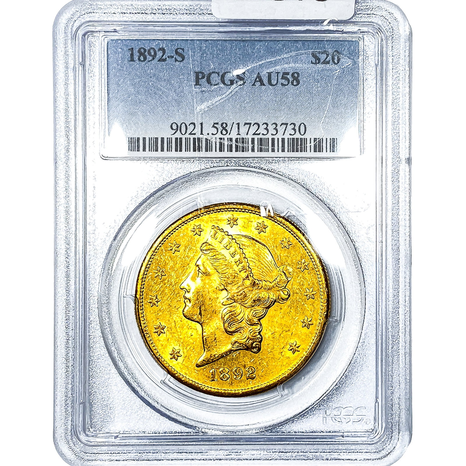 1892-S $20 Gold Double Eagle PCGS AU58: 1892-S $20 Gold Double Eagle PCGS AU58