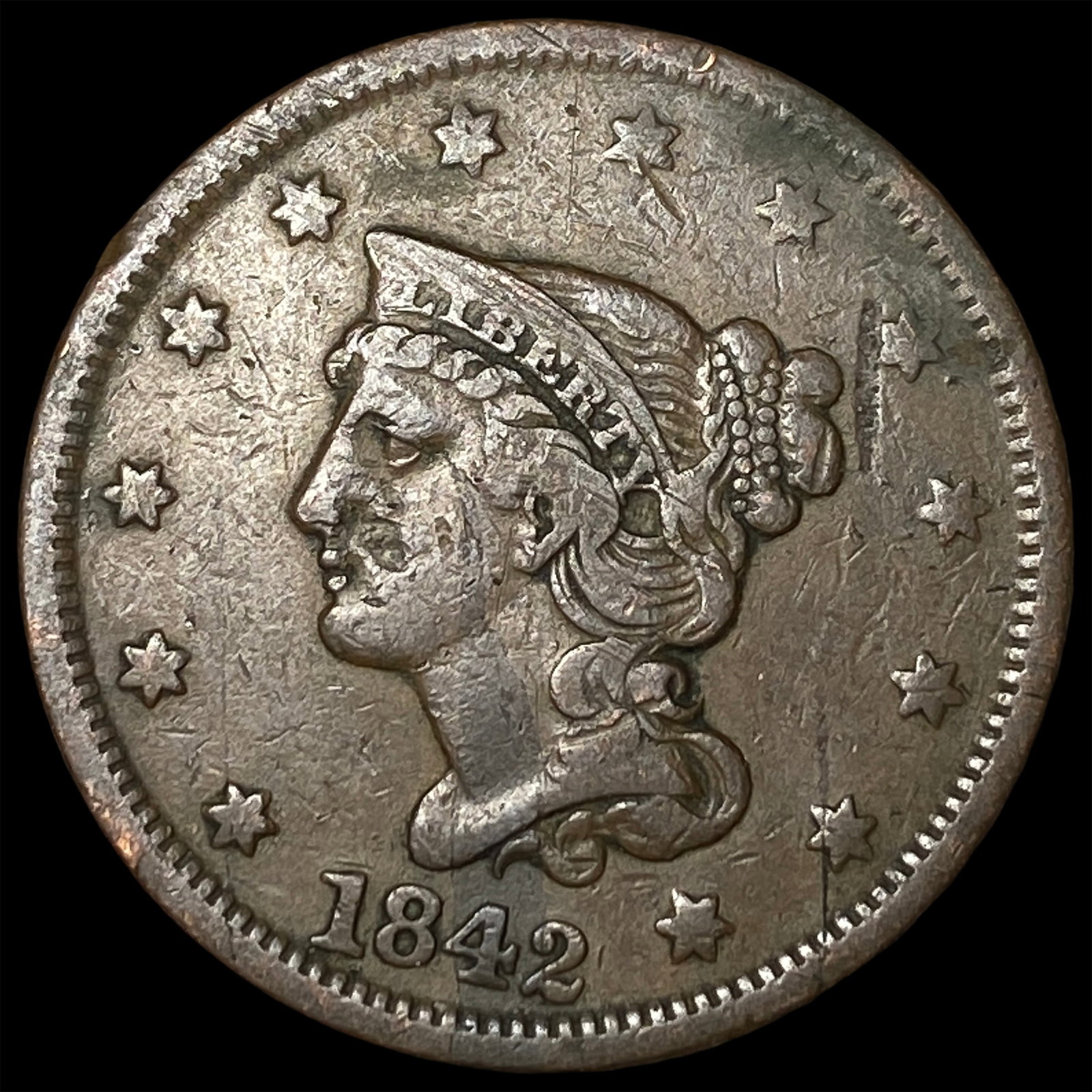 1842 Braided Hair Large Cent LIGHTLY CIRCULATED: 1842 Braided Hair Large Cent LIGHTLY CIRCULATED