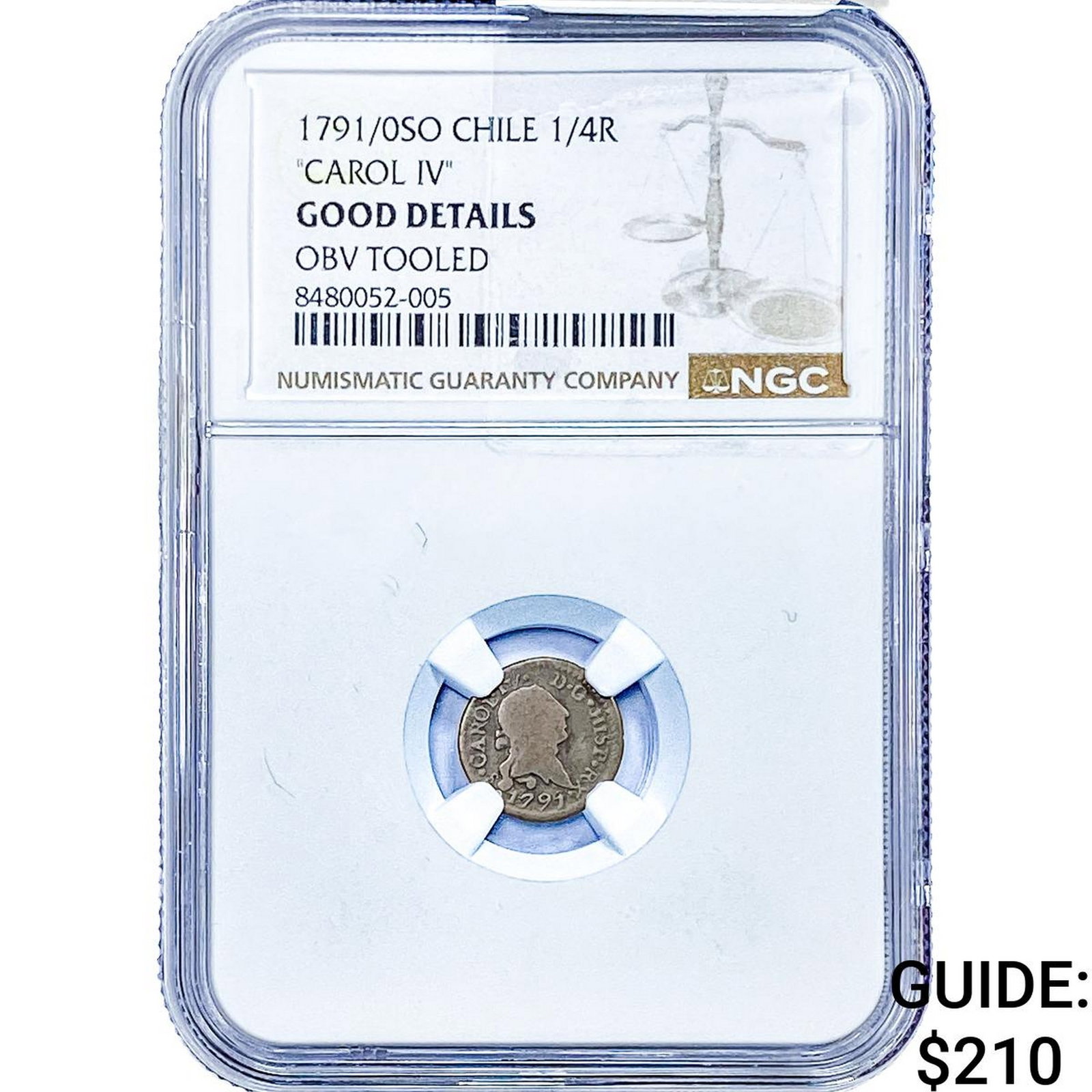 1791 Colonial Spain Silver 1/4 Real NGC G Details: 1791 Colonial Spain Silver 1/4 Real NGC G Details
