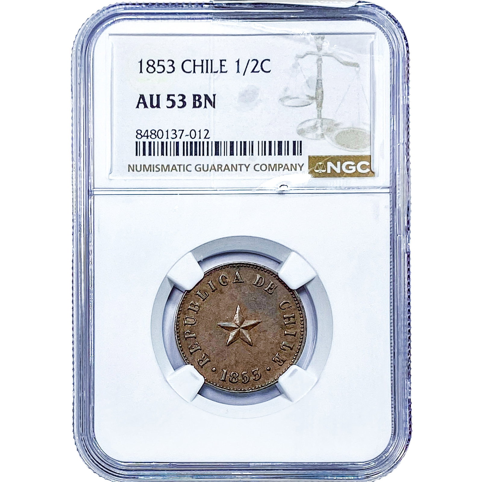 1853 Chile Copper 1/2 Centavos NGC AU53 BN (1 of 2)