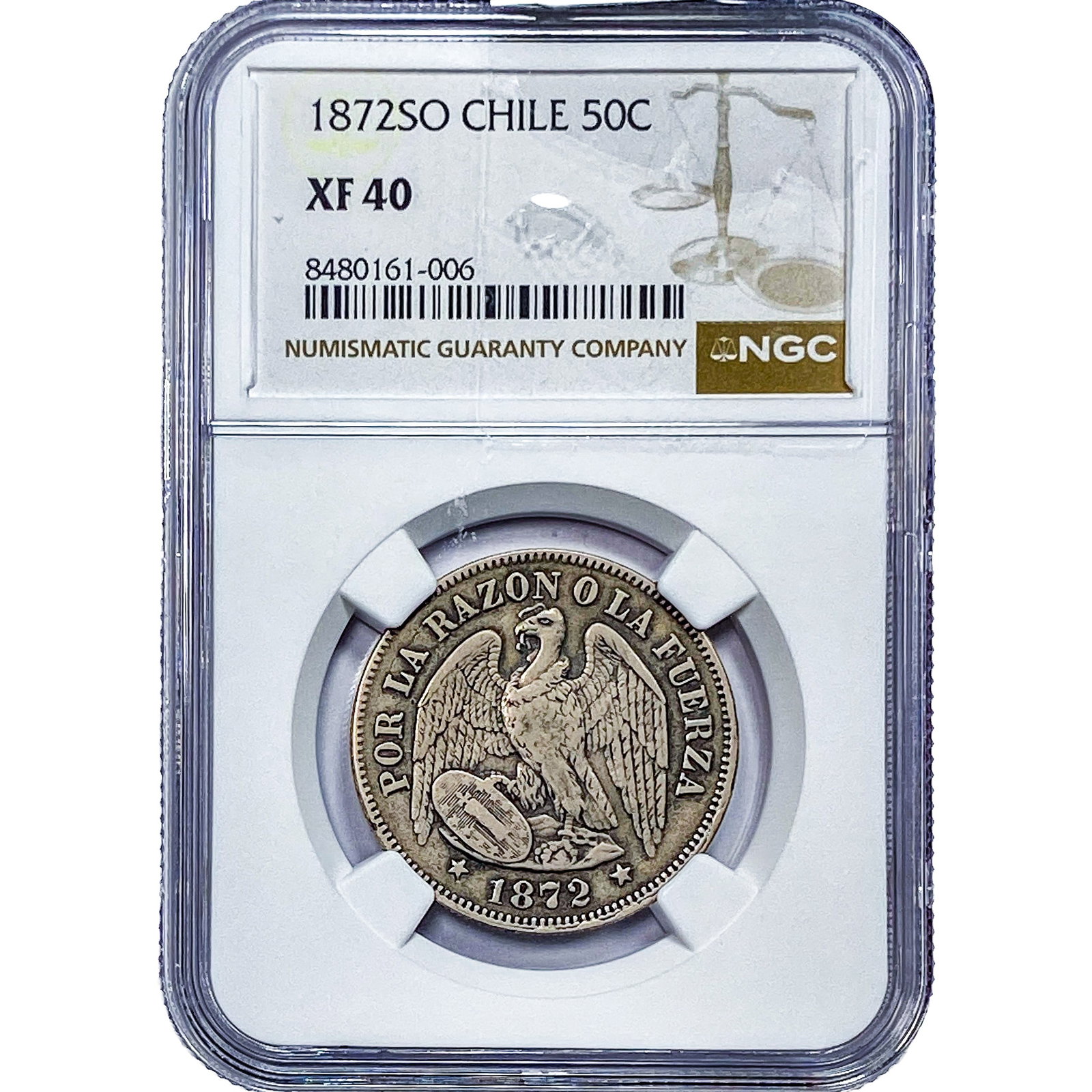 1872 Chile Silver 50 Centavos NGC XF58: 1872 Chile Silver 50 Centavos NGC XF58