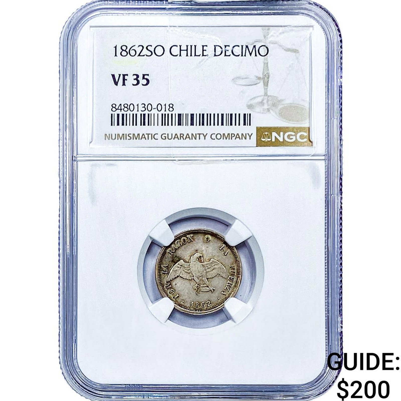 1862 Chile Silver Decimo NGC VF35: 1862 Chile Silver Decimo NGC VF35