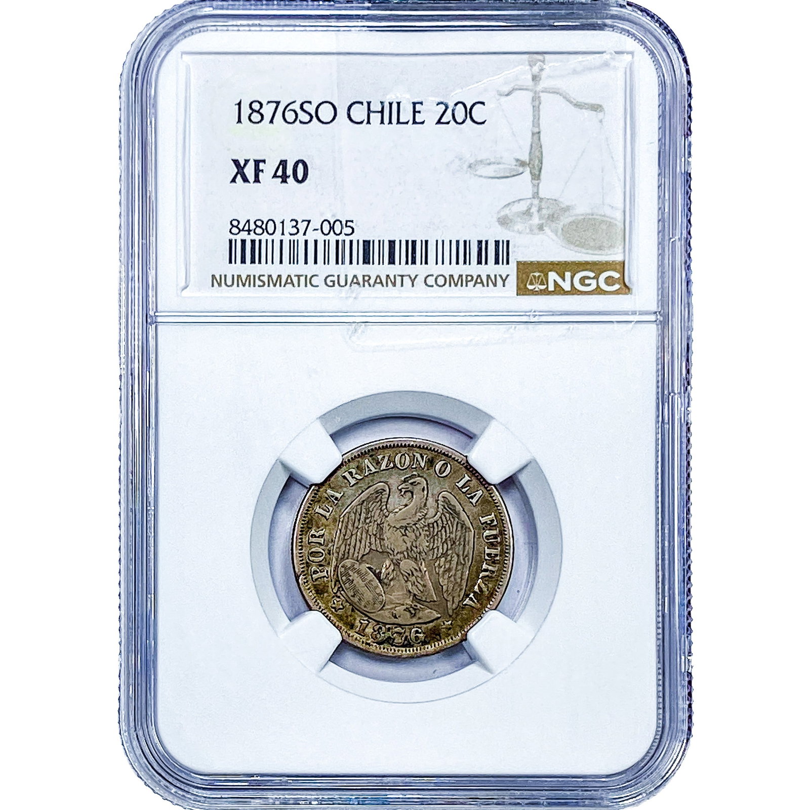 1867 Chile Silver 20 Centavos NGC XF40: 1867 Chile Silver 20 Centavos NGC XF40
