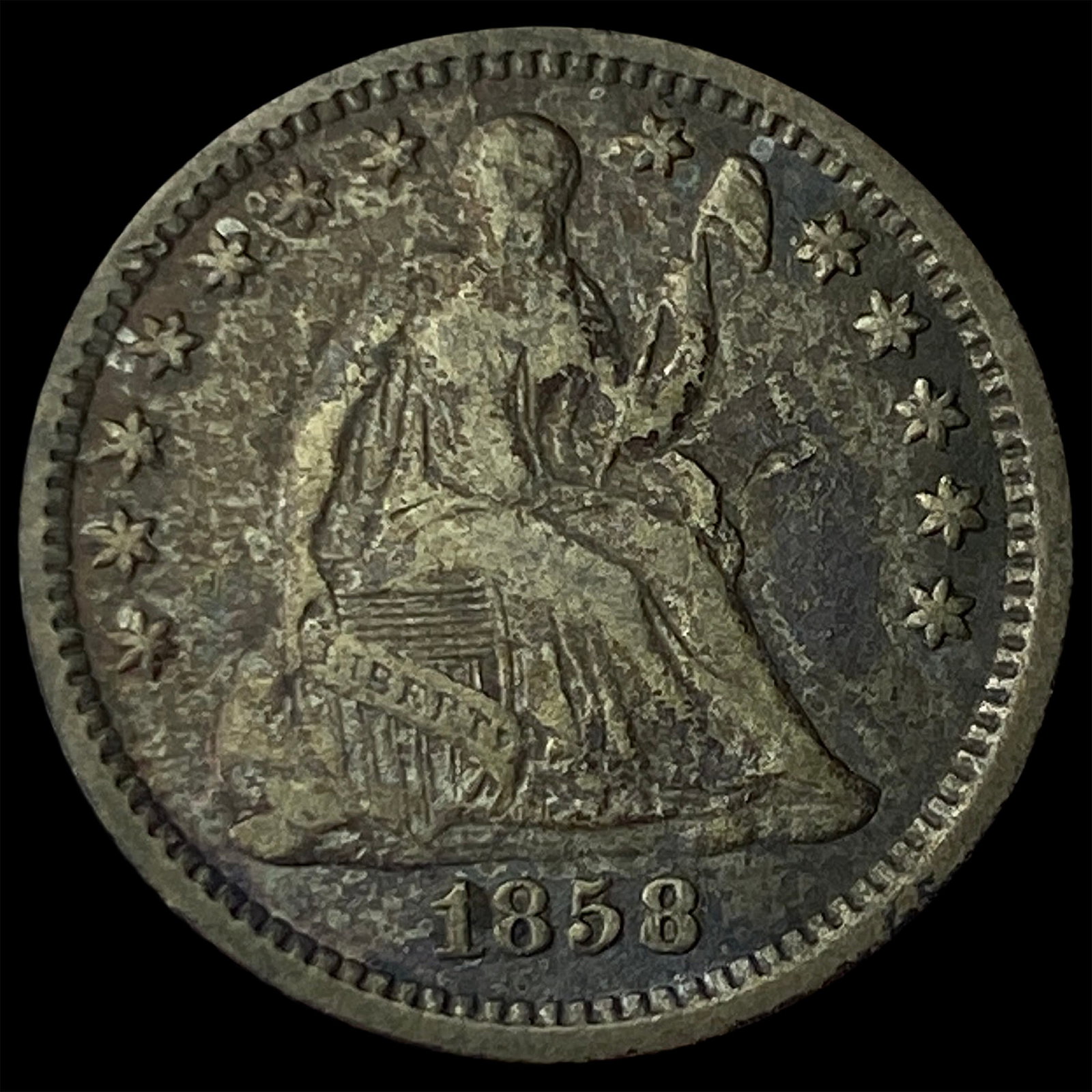 1858-O Silver Seated Liberty Half Dime NEARLY UNCIRCULATED: 1858-O Silver Seated Liberty Half Dime NEARLY UNCIRCULATED