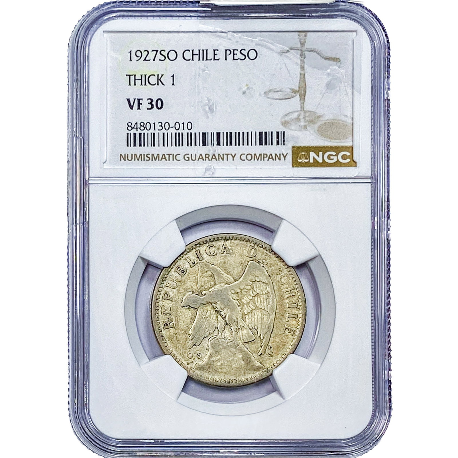1927 Chile Silver 1 Peso NGC VF30: 1927 Chile Silver 1 Peso NGC VF30