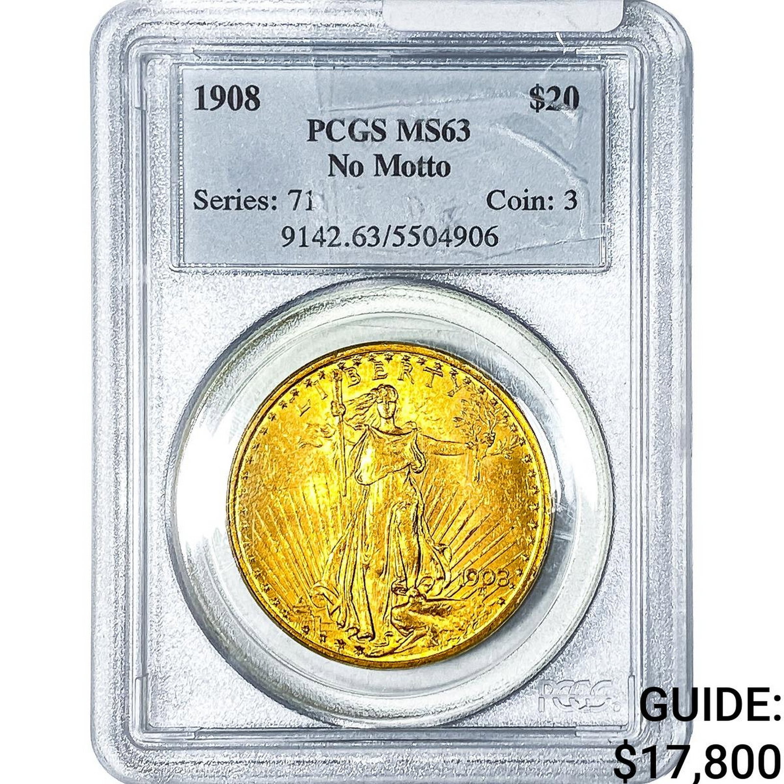 1908 $20 Gold Double Eagle PCGS MS63 No Motto: 1908 $20 Gold Double Eagle PCGS MS63 No Motto