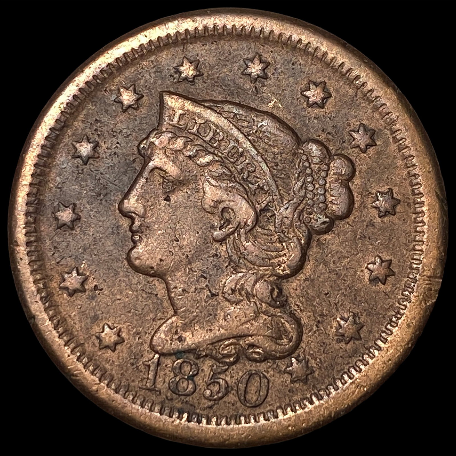1850 Braided Hair Large Cent HIGH GRADE: 1850 Braided Hair Large Cent HIGH GRADE