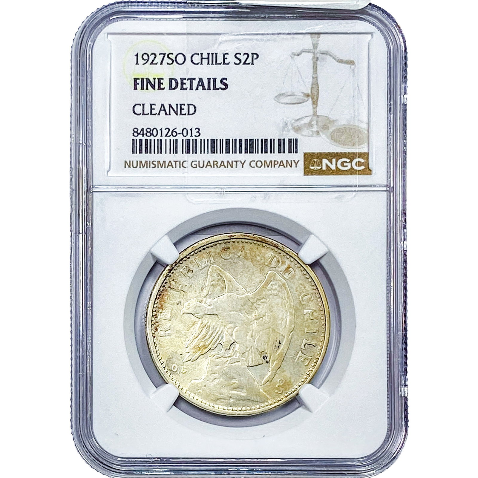 1927 Chile Silver 2 Pesos NGC F Details: 1927 Chile Silver 2 Pesos NGC F Details