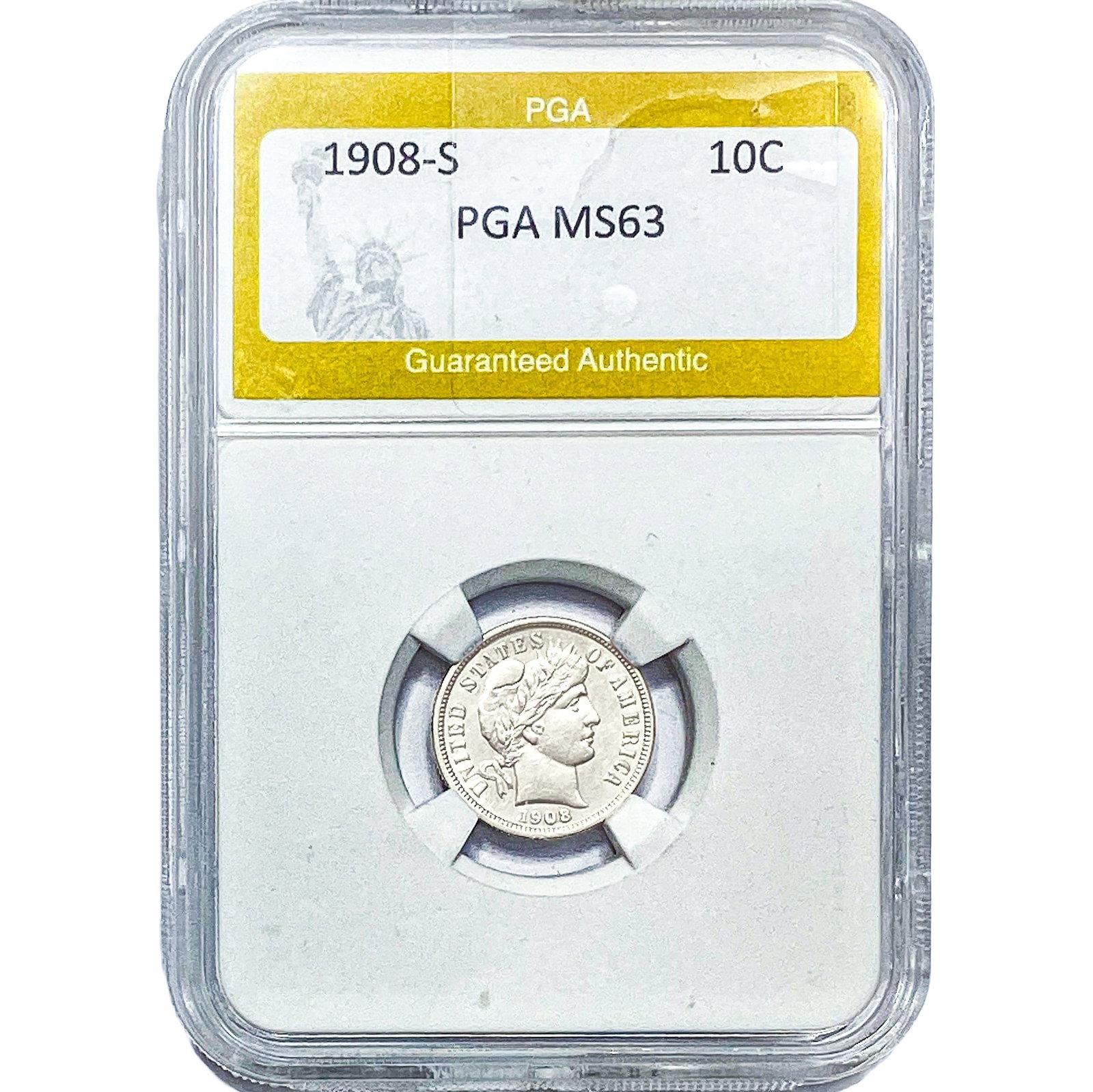 1908-S Barber Dime PGA MS63: 1908-S Barber Dime PGA MS63