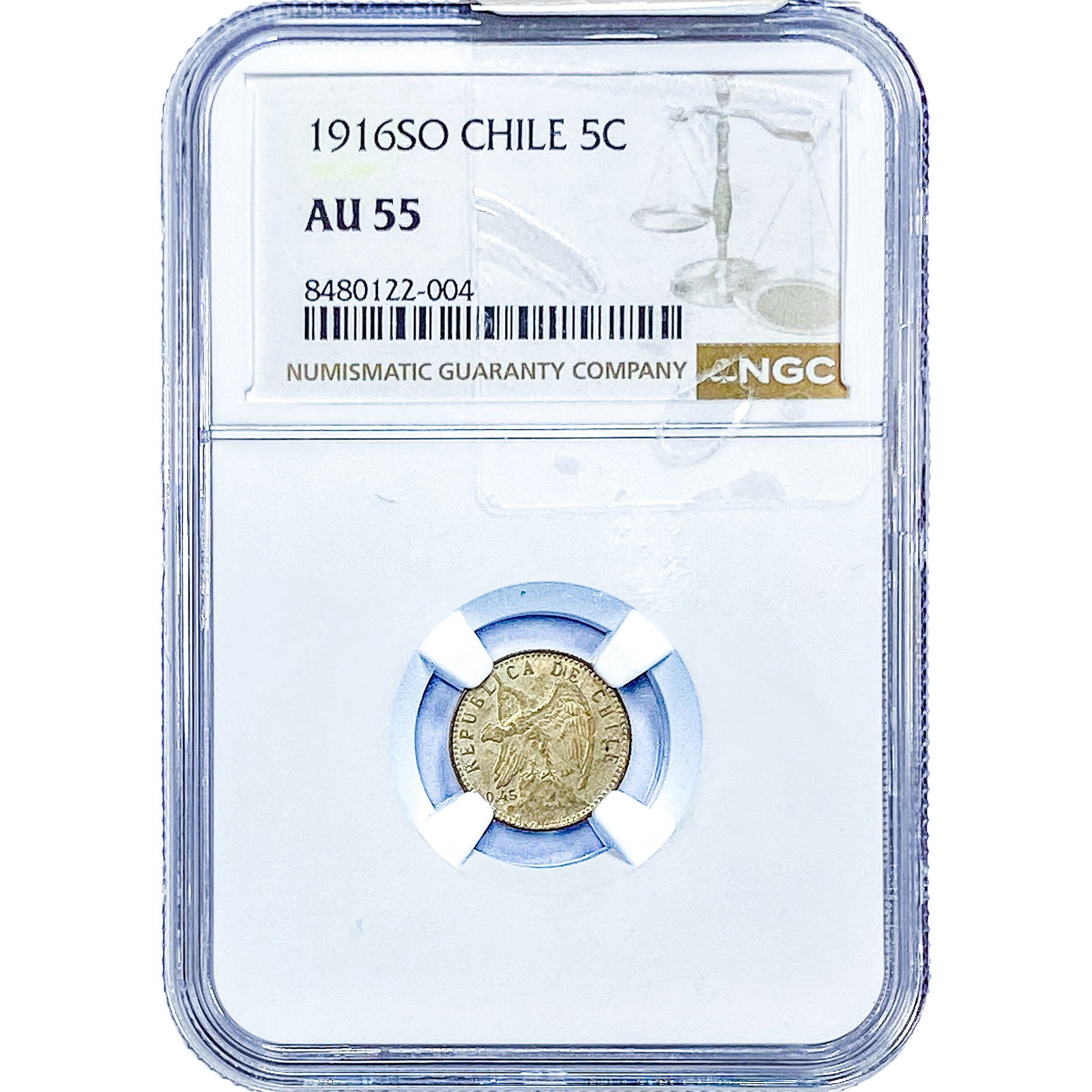 1916 Chile Silver 5 Centavos NGC AU55: 1916 Chile Silver 5 Centavos NGC AU55