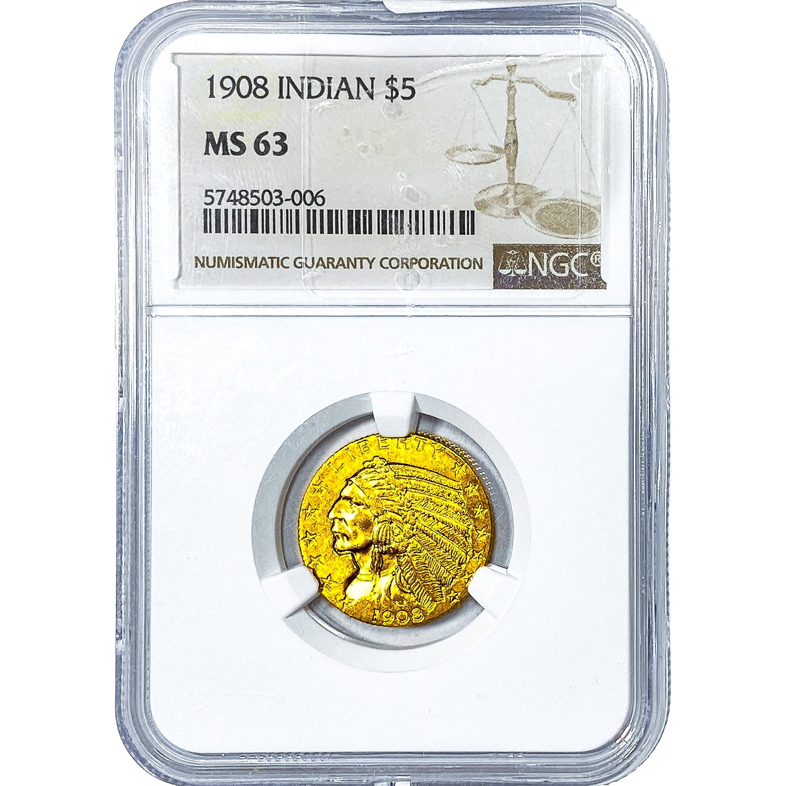 1908 $5 Gold Half Eagle NGC MS63: 1908 $5 Gold Half Eagle NGC MS63