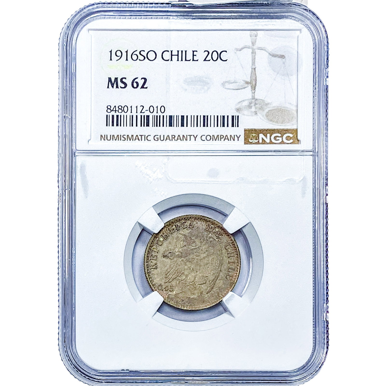 1916 Chile Silver 20 Centavos NGC MS62: 1916 Chile Silver 20 Centavos NGC MS62