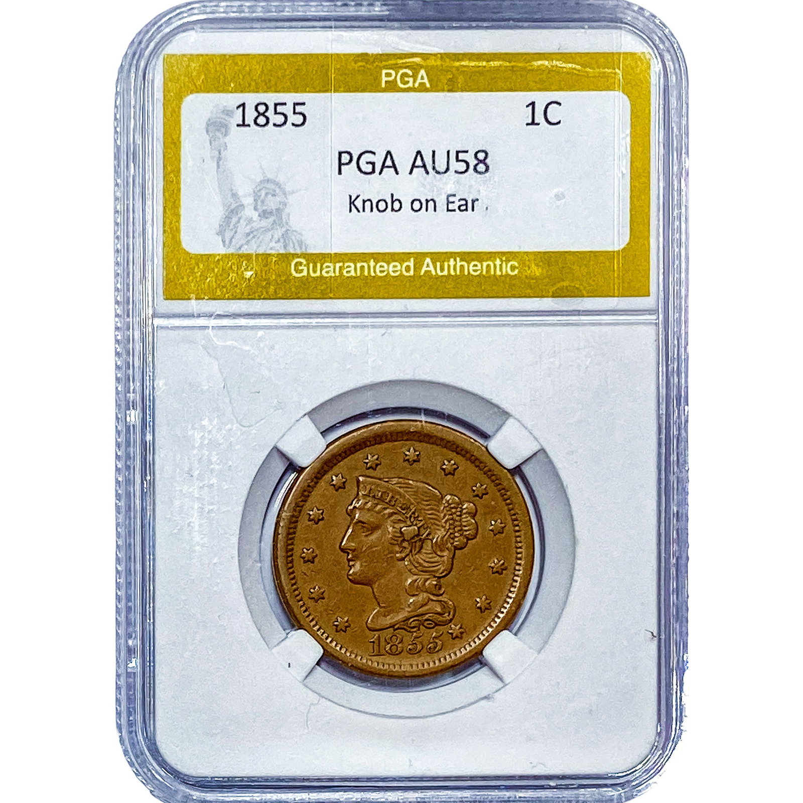 1855 Braided Hair Cent PGA AU58 Knob on Ear: 1855 Braided Hair Cent PGA AU58 Knob on Ear