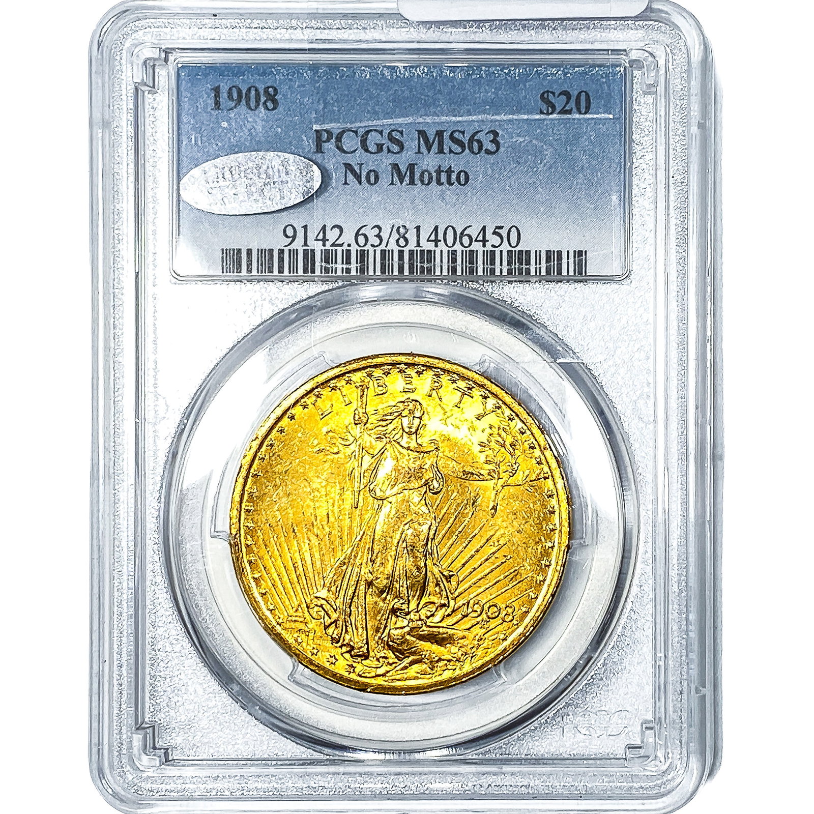 1908 $20 Gold Double Eagle PCGS MS63 No Motto: 1908 $20 Gold Double Eagle PCGS MS63 No Motto