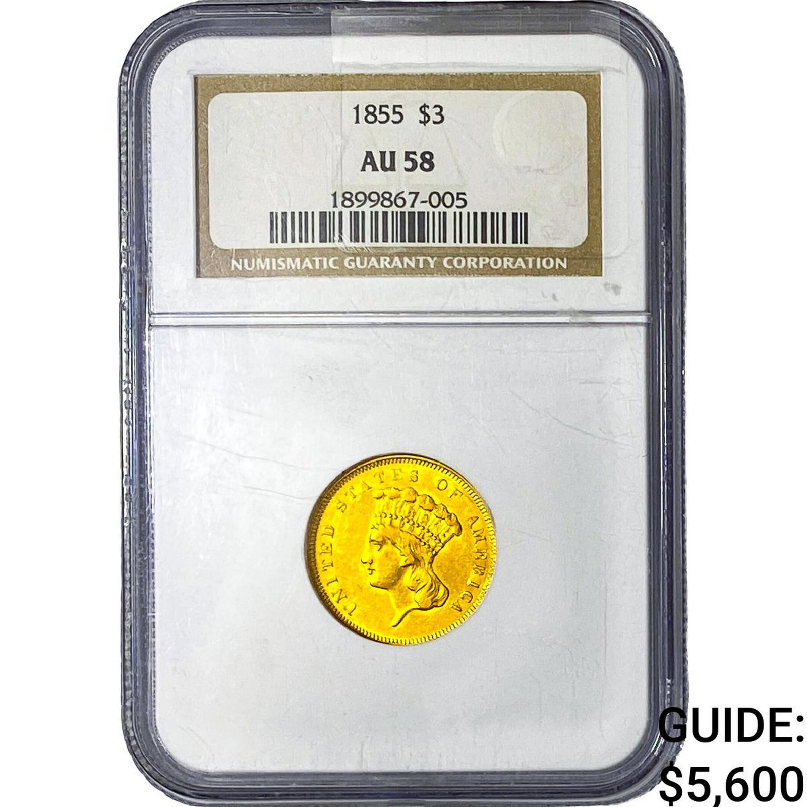 1855 $3 Gold Piece NGC AU58: 1855 $3 Gold Piece NGC AU58