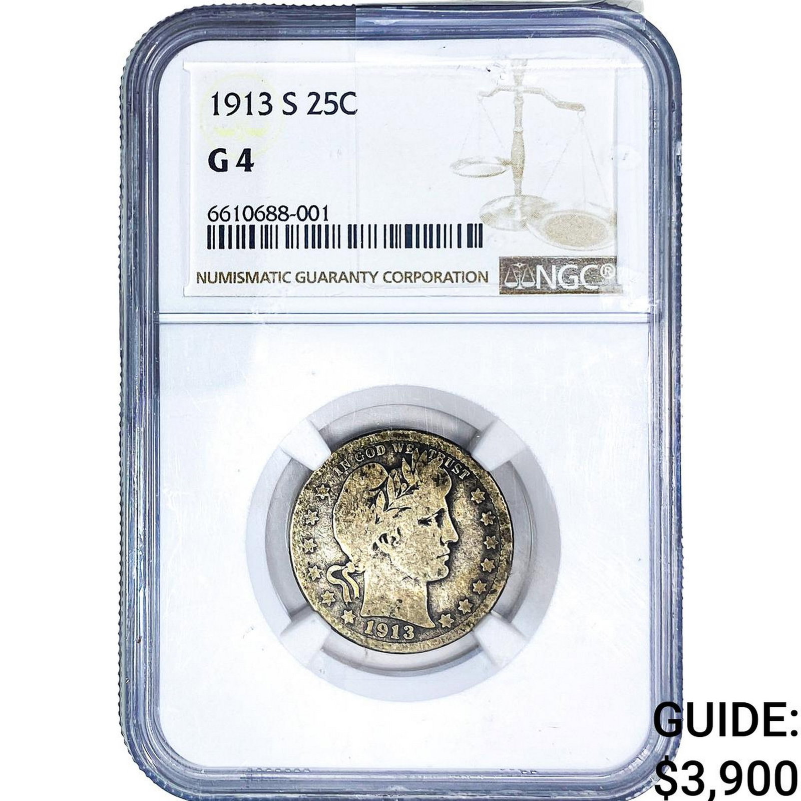 1913-S Barber Quarter NGC G4: 1913-S Barber Quarter NGC G4