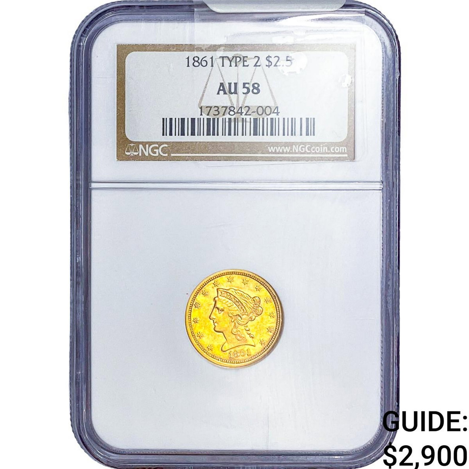 1861 $2.50 Gold Quarter Eagle NGC AU58 Type 2: 1861 $2.50 Gold Quarter Eagle NGC AU58 Type 2