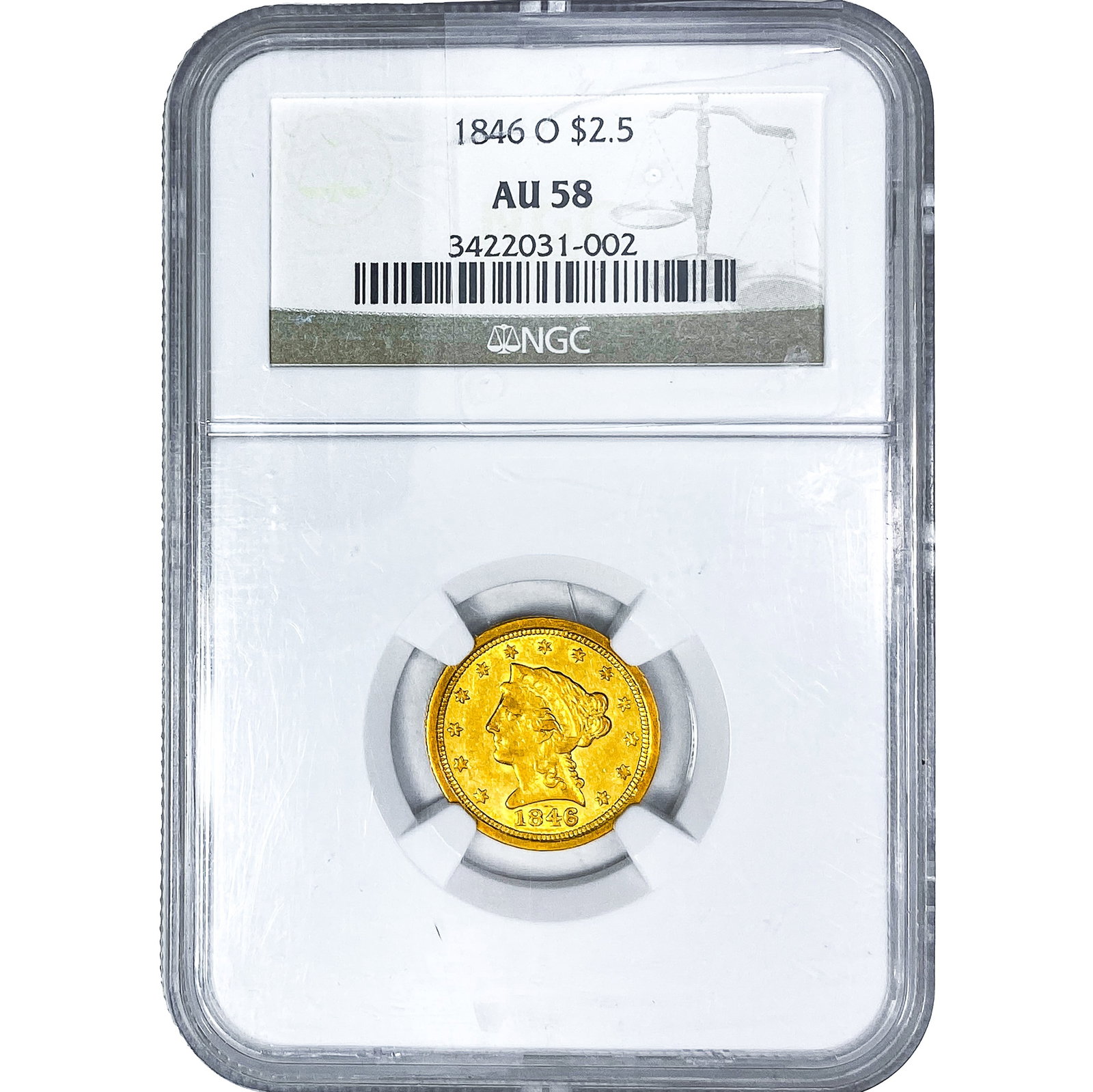 1846-O $2.50 Gold Quarter Eagle NGC AU58: 1846-O $2.50 Gold Quarter Eagle NGC AU58