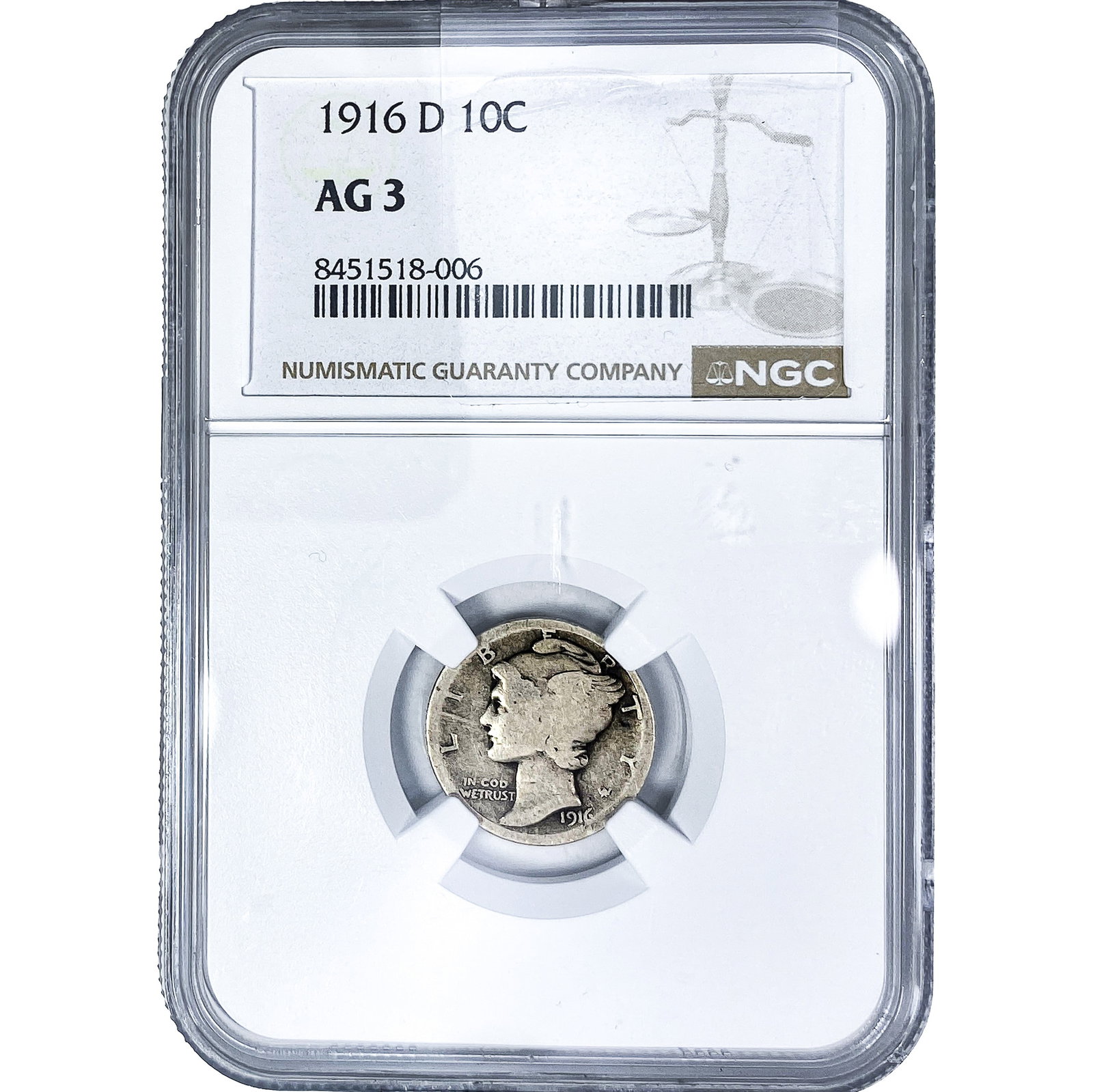 1916-D Mercury Silver Dime NGC AG3: 1916-D Mercury Silver Dime NGC AG3