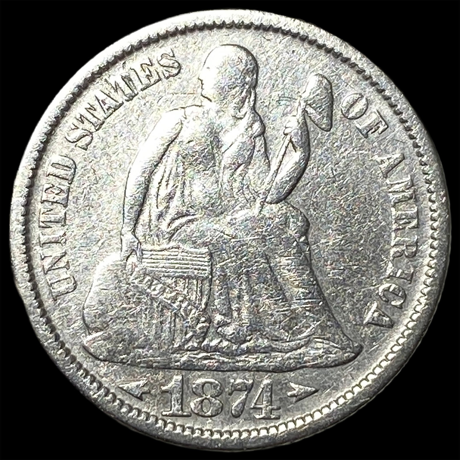 1874 Silver Seated Liberty Dime ABOUT UNCIRCULATED: 1874 Silver Seated Liberty Dime ABOUT UNCIRCULATED