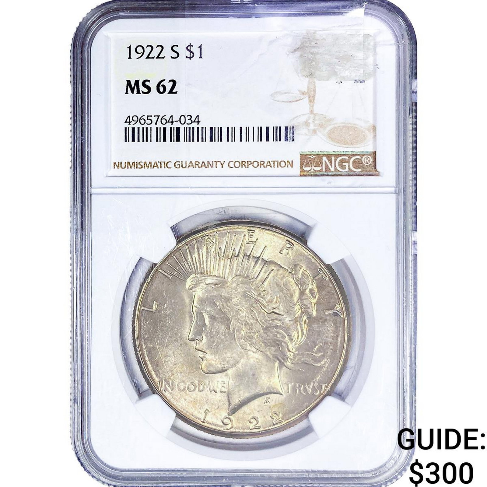 1922-S Silver Peace Dollar NGC MS62: 1922-S Silver Peace Dollar NGC MS62