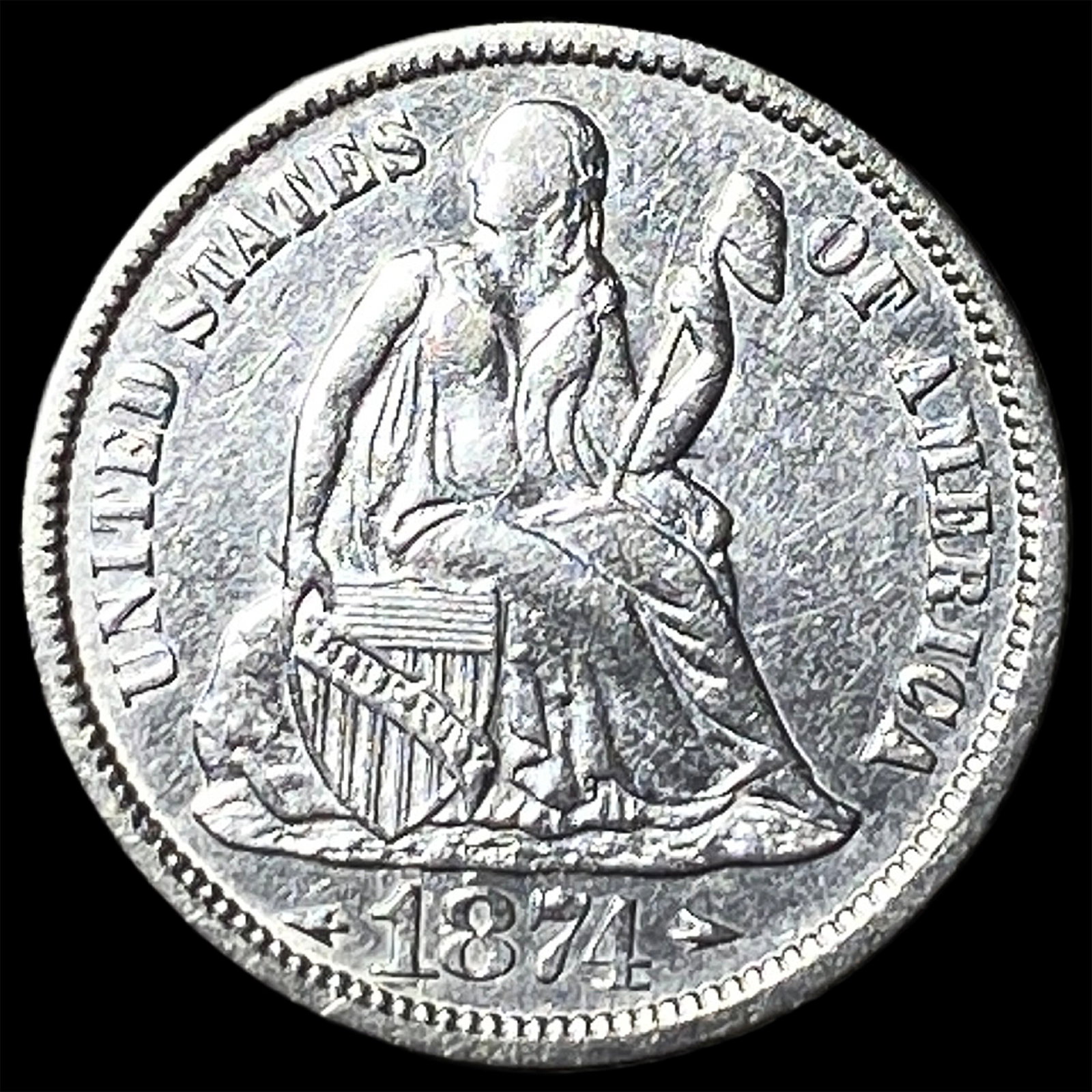 1874 Silver Seated Liberty Dime NEARLY UNCIRCULATED (1 of 2)