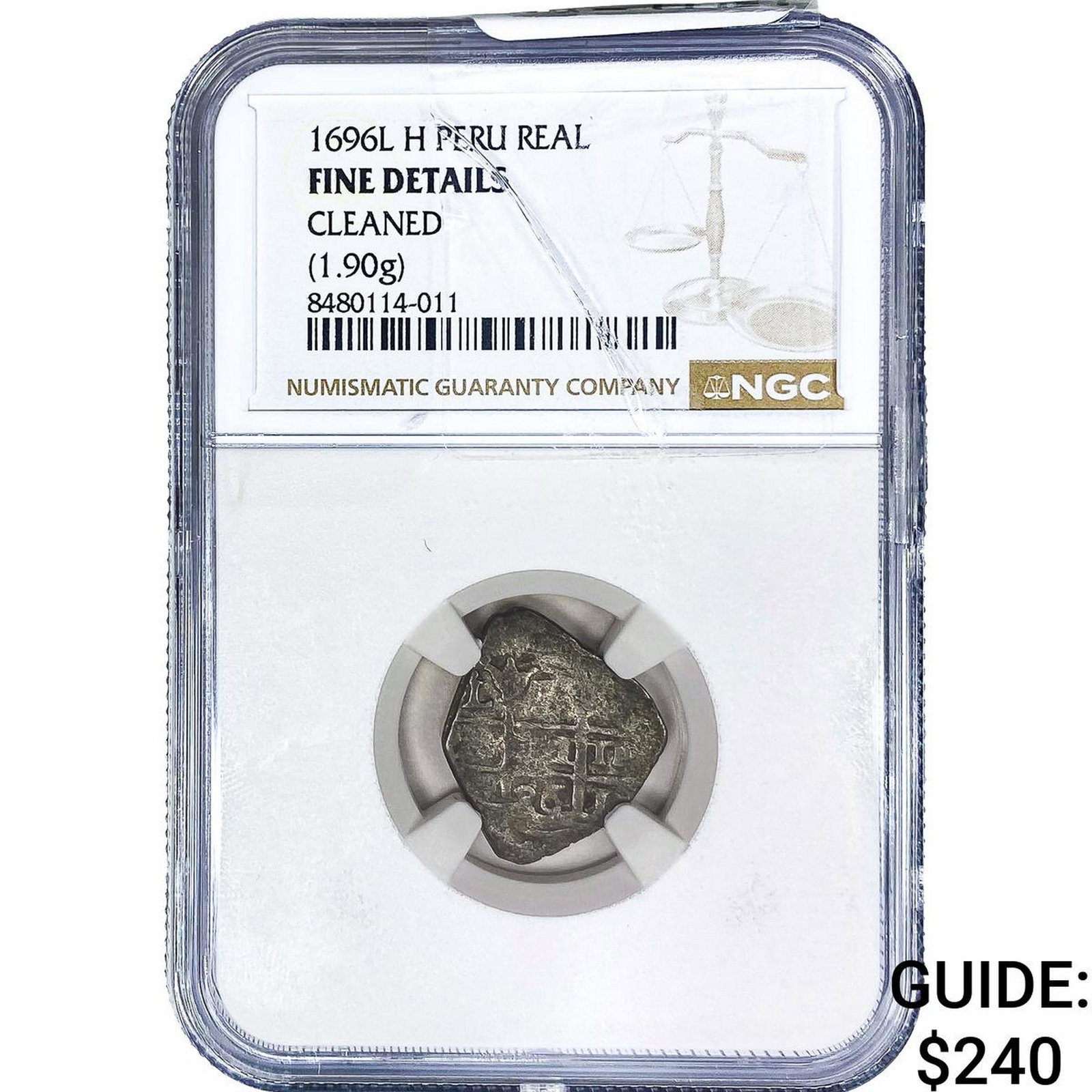 1696 Colonial Spain Silver 1 Real Cob NGC F Details (1 of 2)