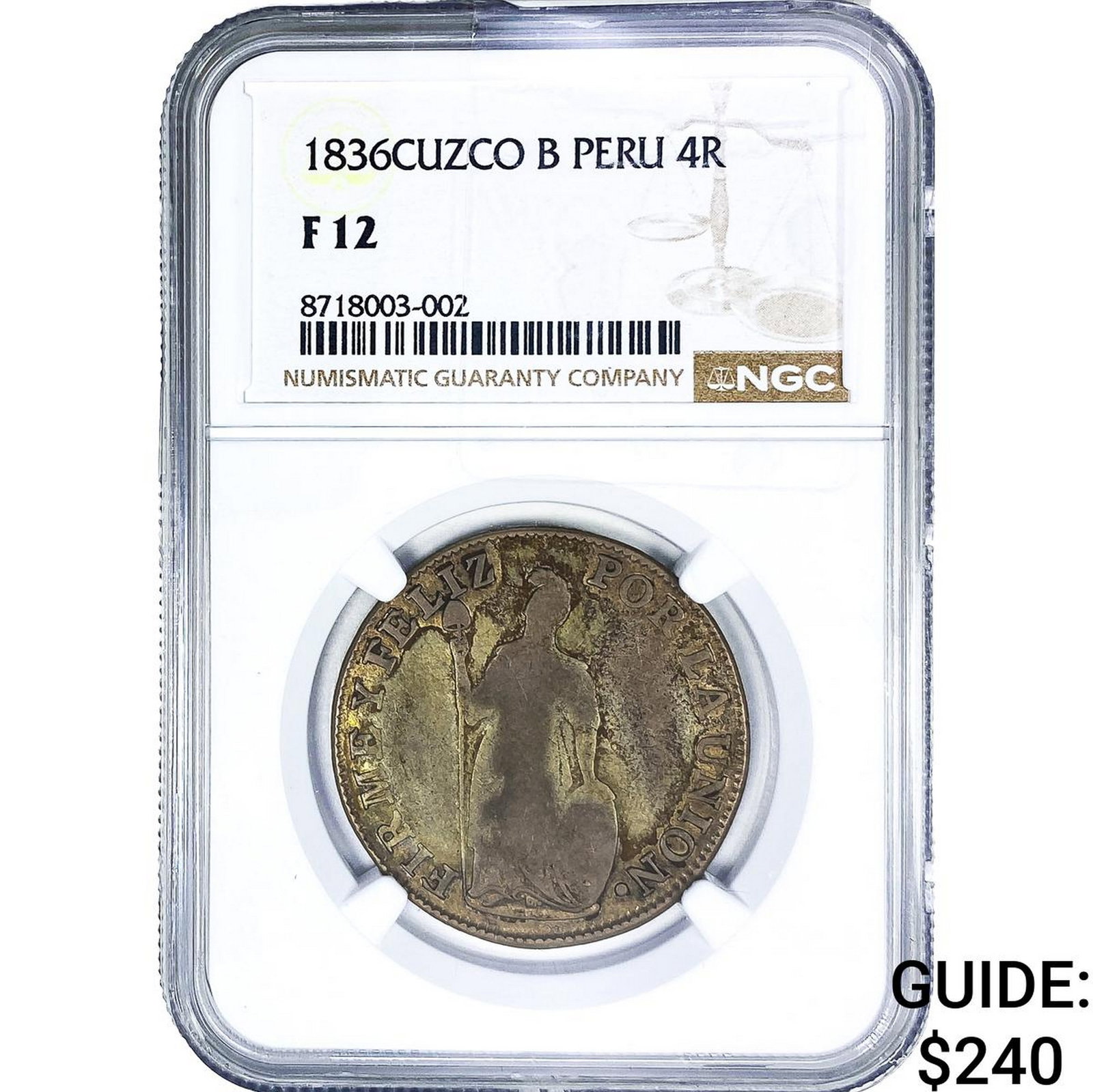 1836 Peru, Cuzco Silver 8 Reales NGC F12: 1836 Peru, Cuzco Silver 8 Reales NGC F12