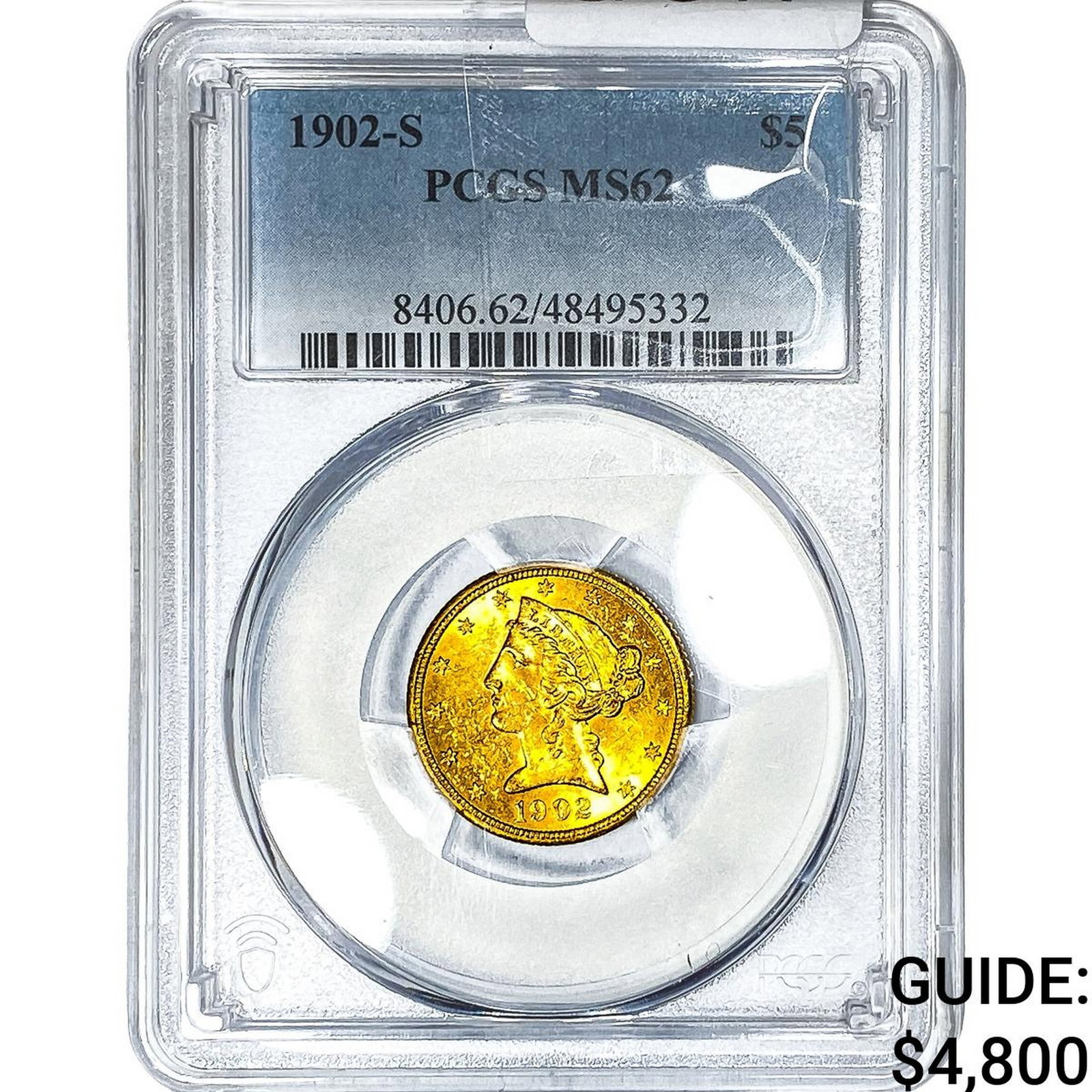 1902-S $5 Gold Half Eagle PCGS MS62: 1902-S $5 Gold Half Eagle PCGS MS62