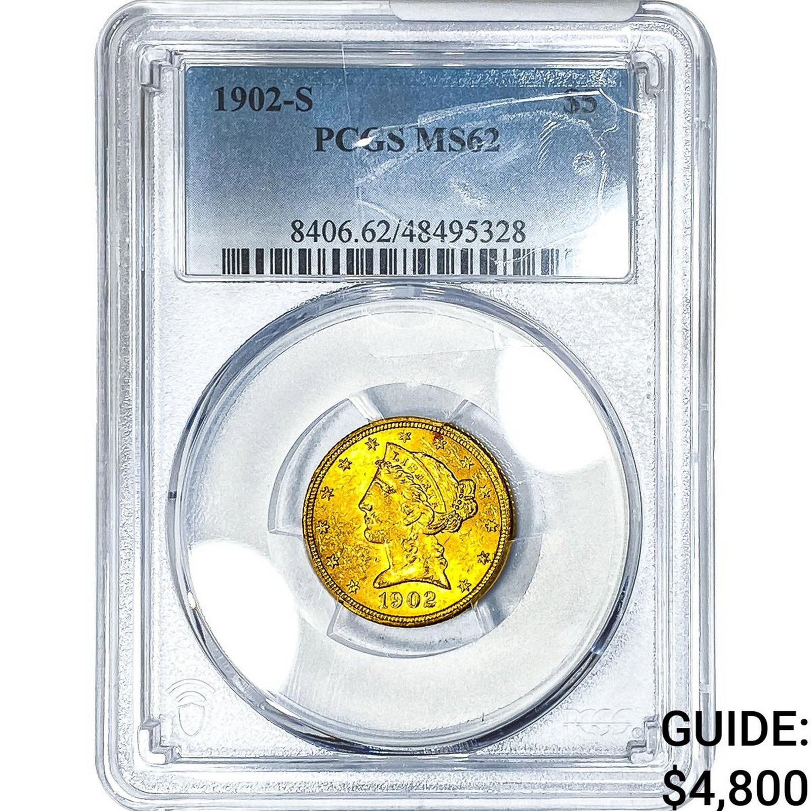 1902-S $5 Gold Half Eagle PCGS MS62: 1902-S $5 Gold Half Eagle PCGS MS62