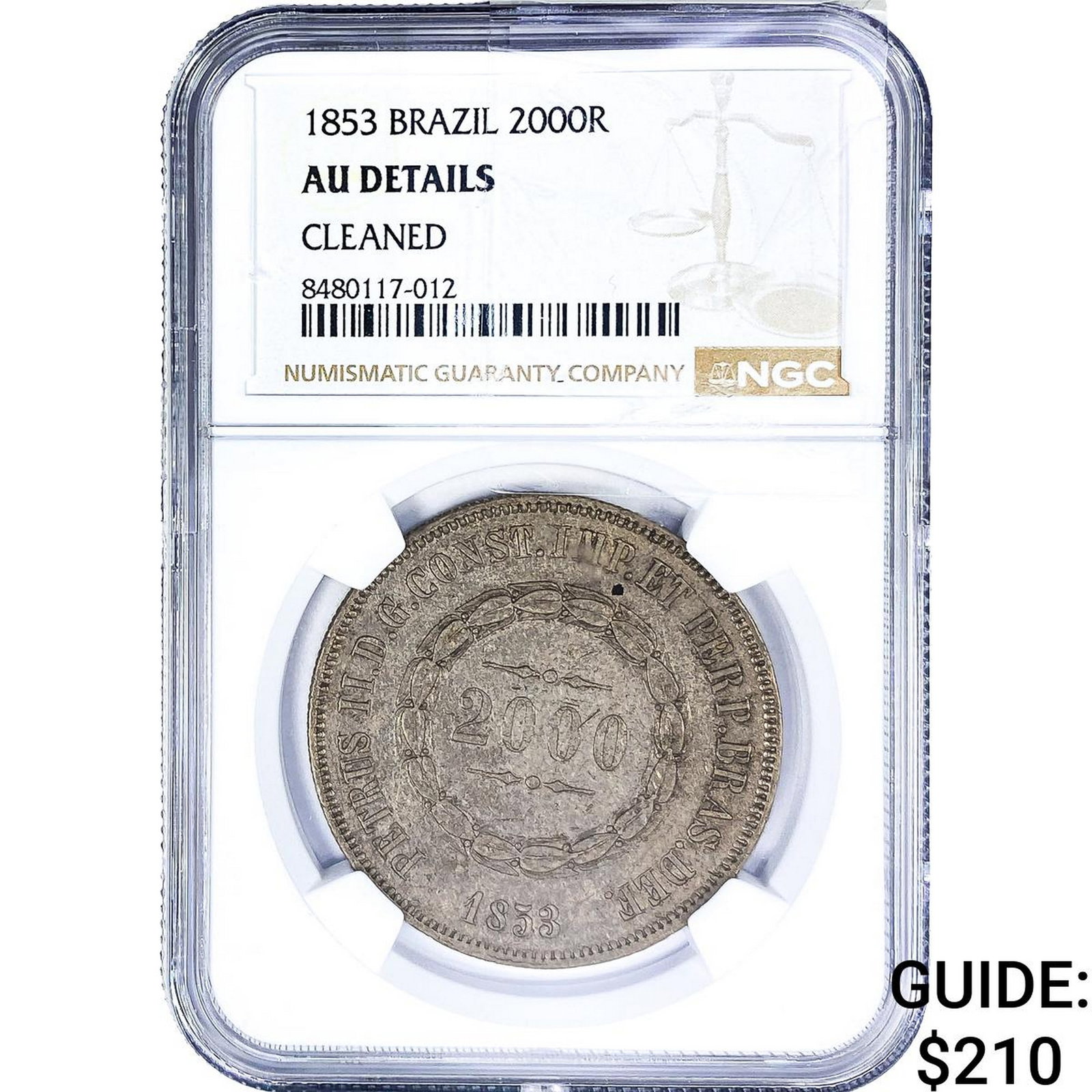1853 Brazil Silver 2000 Reis NGC AU Details: 1853 Brazil Silver 2000 Reis NGC AU Details