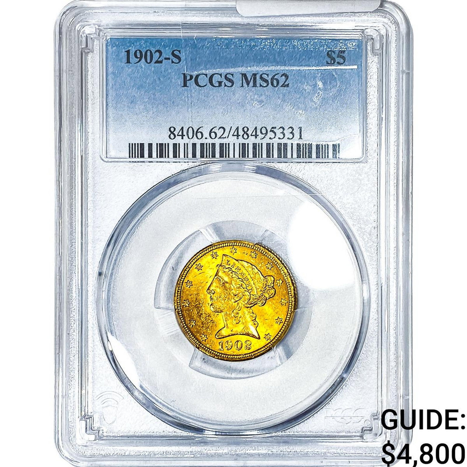 1902-S $5 Gold Half Eagle PCGS MS62: 1902-S $5 Gold Half Eagle PCGS MS62