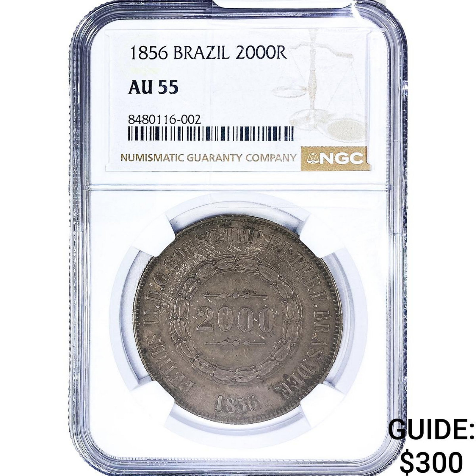1856 Brazil Silver 2000 Reis NGC AU55: 1856 Brazil Silver 2000 Reis NGC AU55