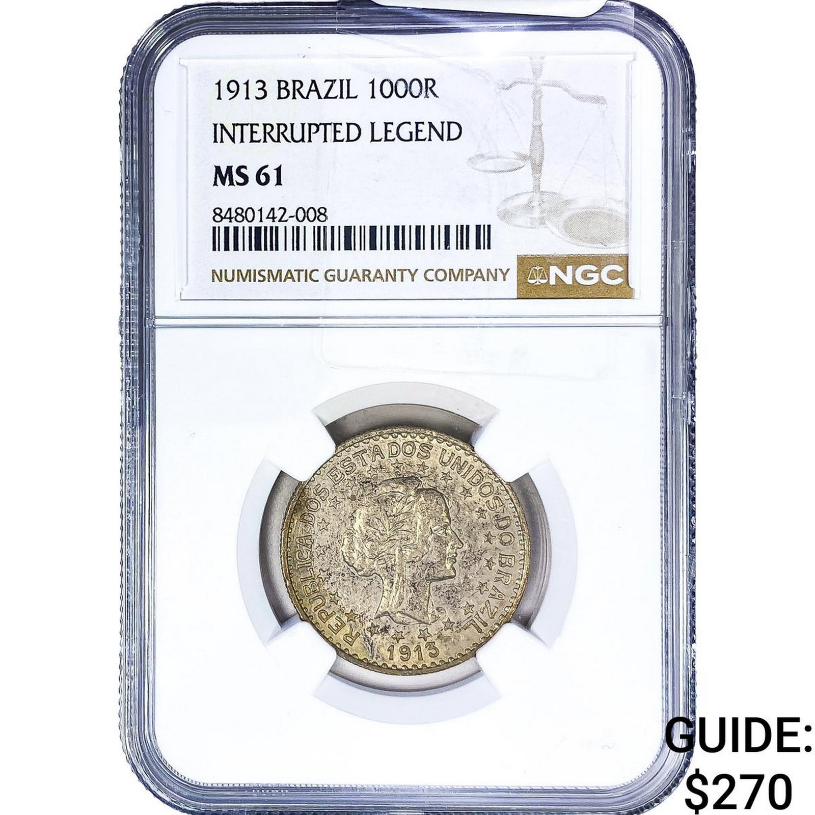 1913 Brazil Silver 1000 Reis NGC MS61: 1913 Brazil Silver 1000 Reis NGC MS61